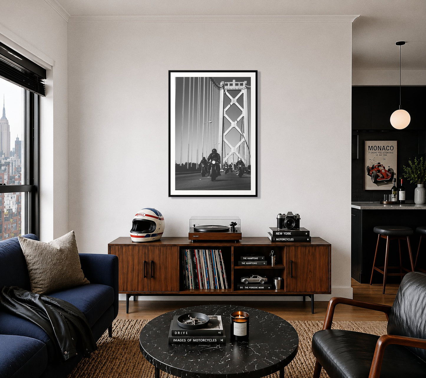 Bay Bridge Boys by Dylan Ozanich in a Black frame, above a record console in a city apartment with a turntable and vintage helmet