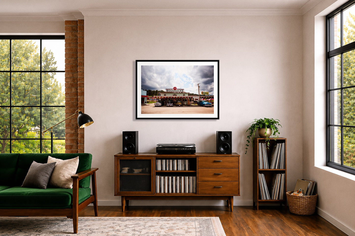 Boondocks by Dylan Ozanich in a Black frame, above a record credenza in a listening room with a green velvet sofa