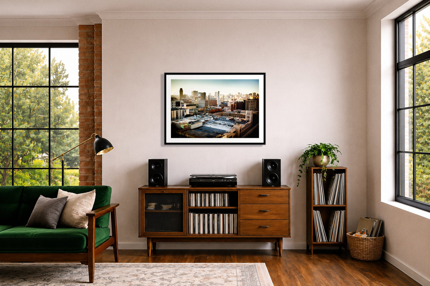 Chronical San Francisco by Dylan Ozanich in an Oak frame, above a record credenza in a listening room with a green velvet sofa