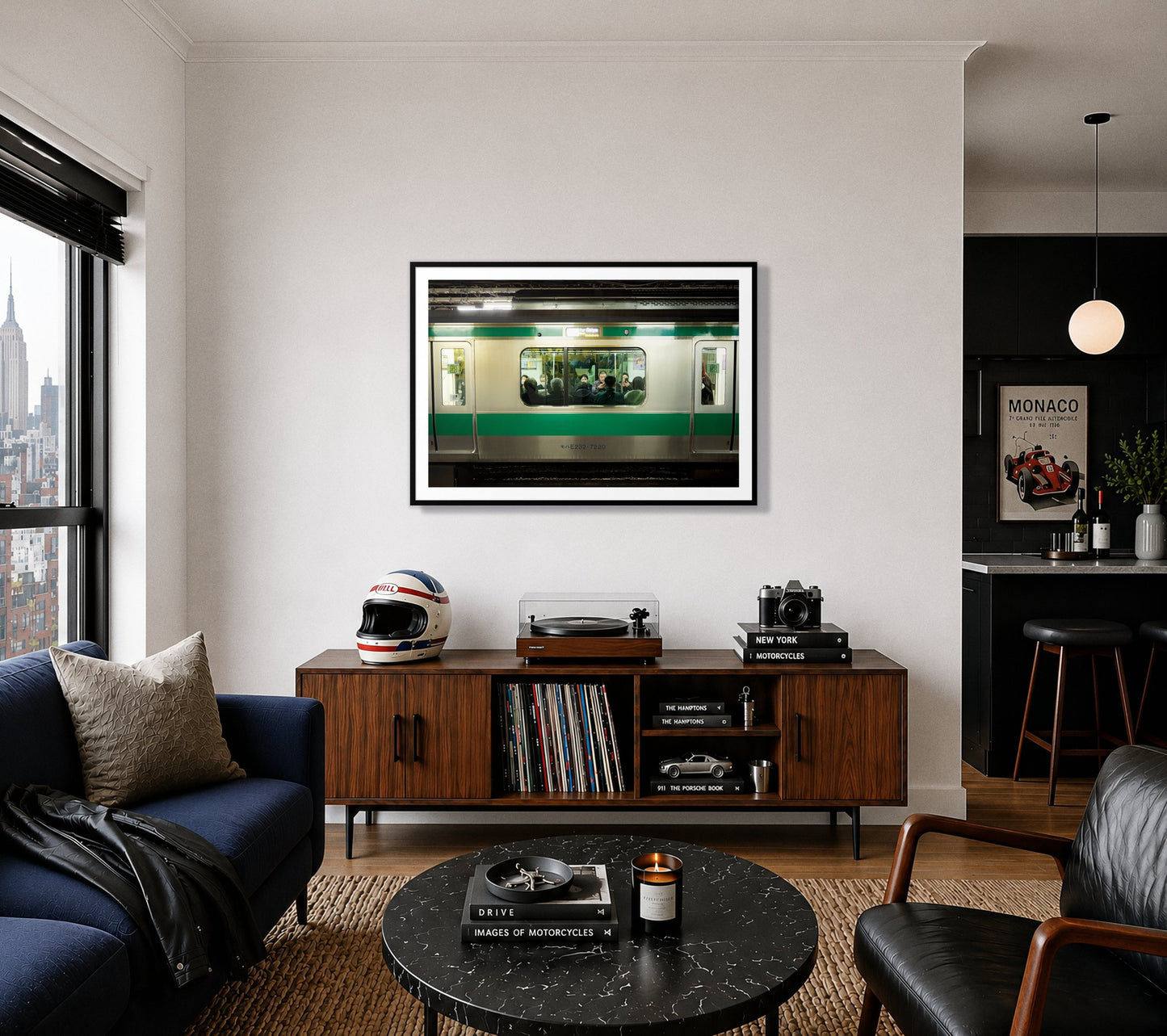 Commute by Dylan Ozanich in a Black frame, above a record console in a city apartment with a turntable and vintage helmet