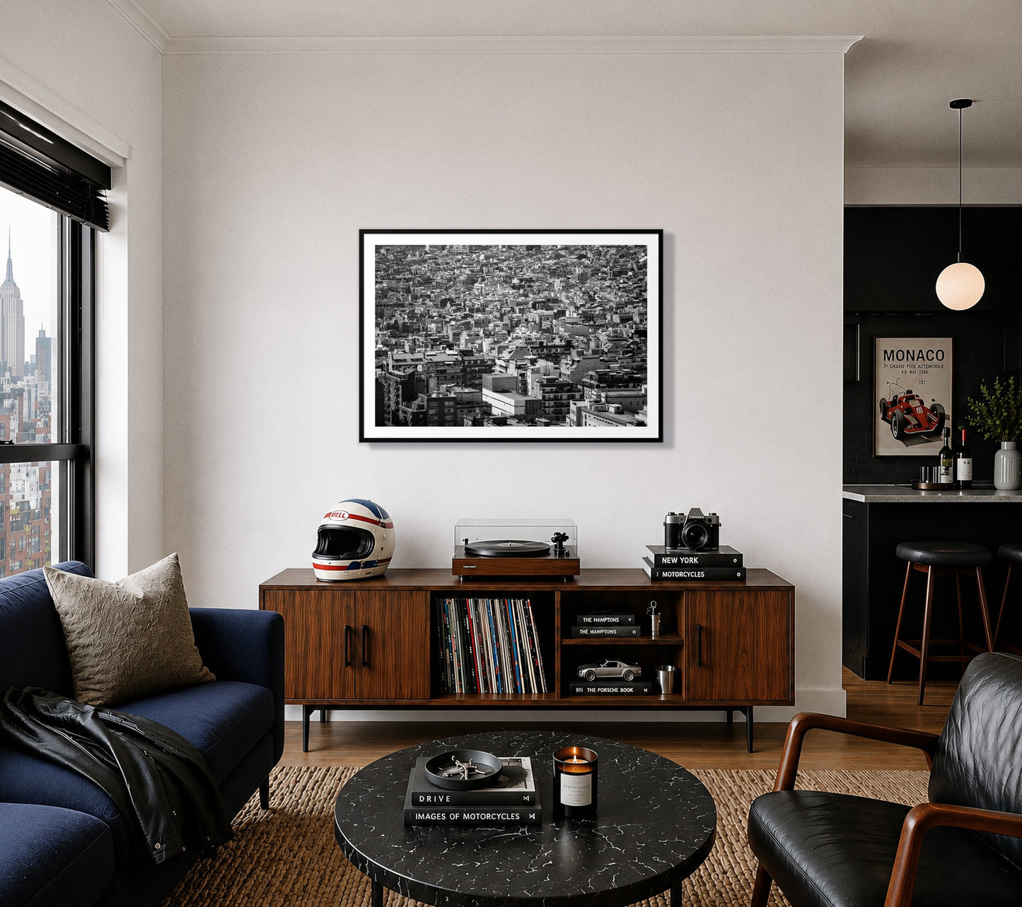 Coompressed by Dylan Ozanich in a Black frame, above a record console in a city apartment with a turntable and vintage helmet