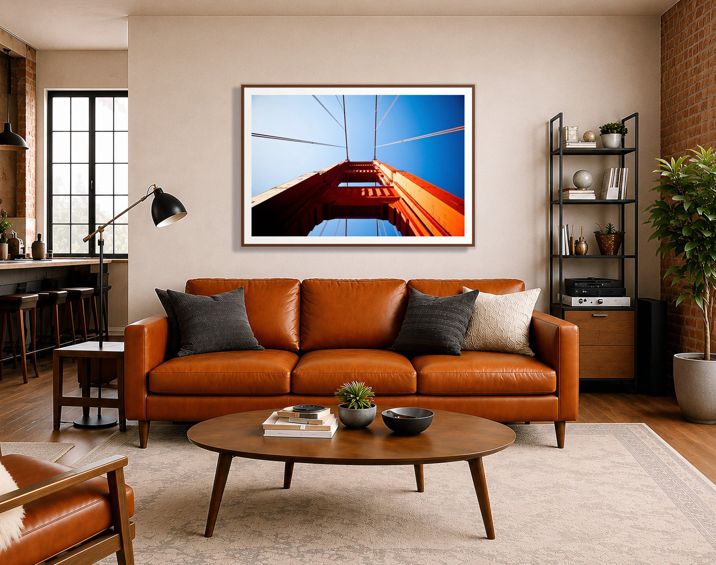 Gate by Dylan Ozanich in a Walnut frame, above a cognac leather sofa in a brick loft