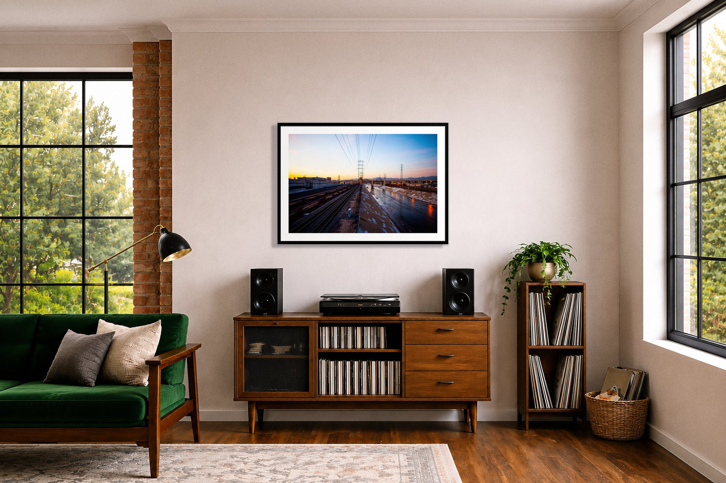 LARiver by Dylan Ozanich in a Black frame, above a record credenza in a listening room with a green velvet sofa