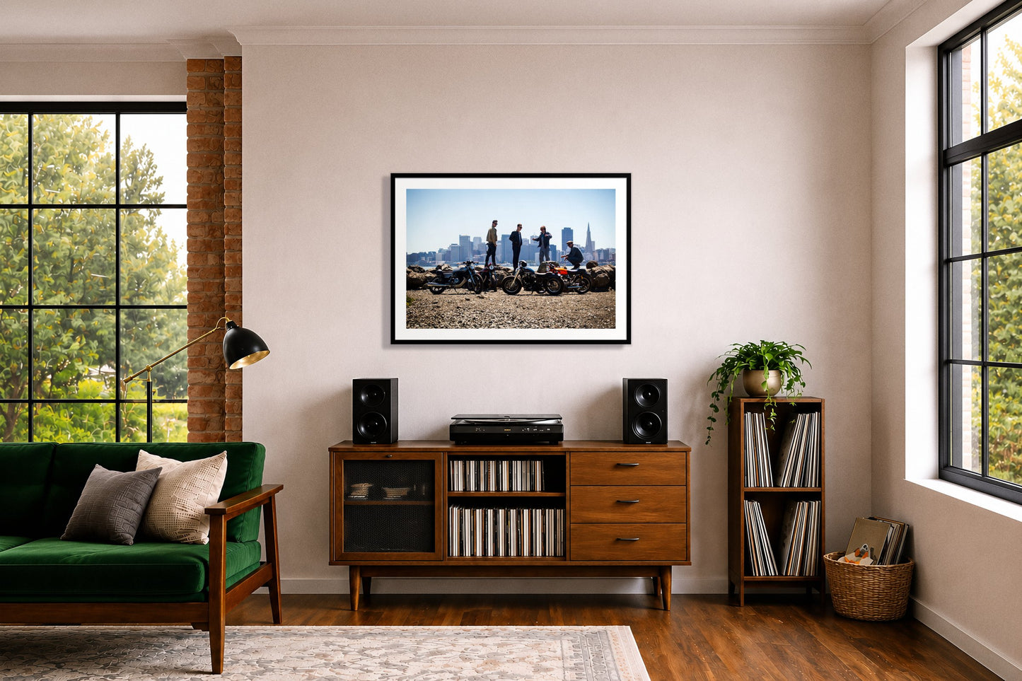 Never Fast Enough by Dylan Ozanich in a Black frame, above a record credenza in a listening room with a green velvet sofa
