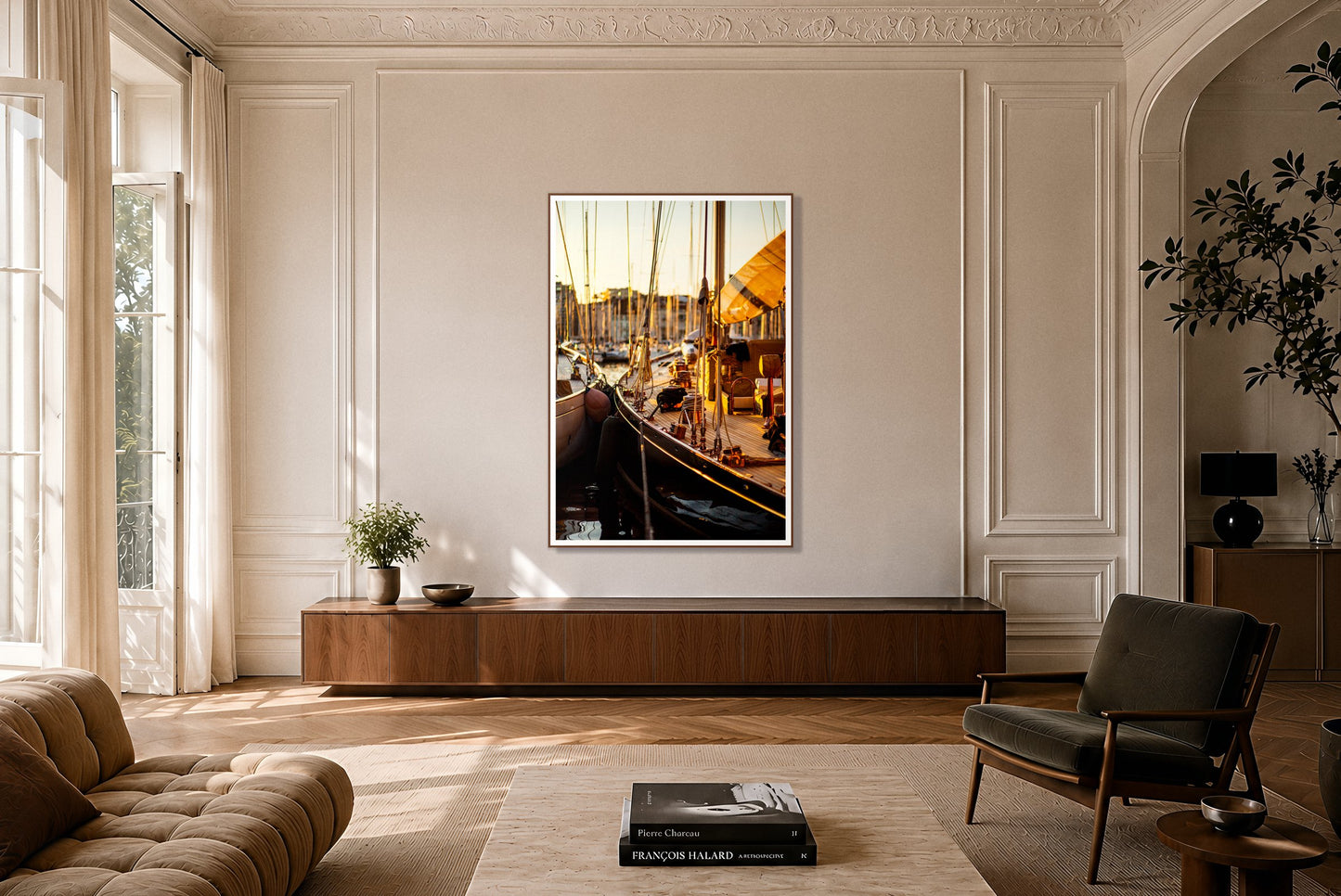 Nice France by Dylan Ozanich in a Walnut frame, on a paneled wall above a walnut credenza in a Parisian apartment