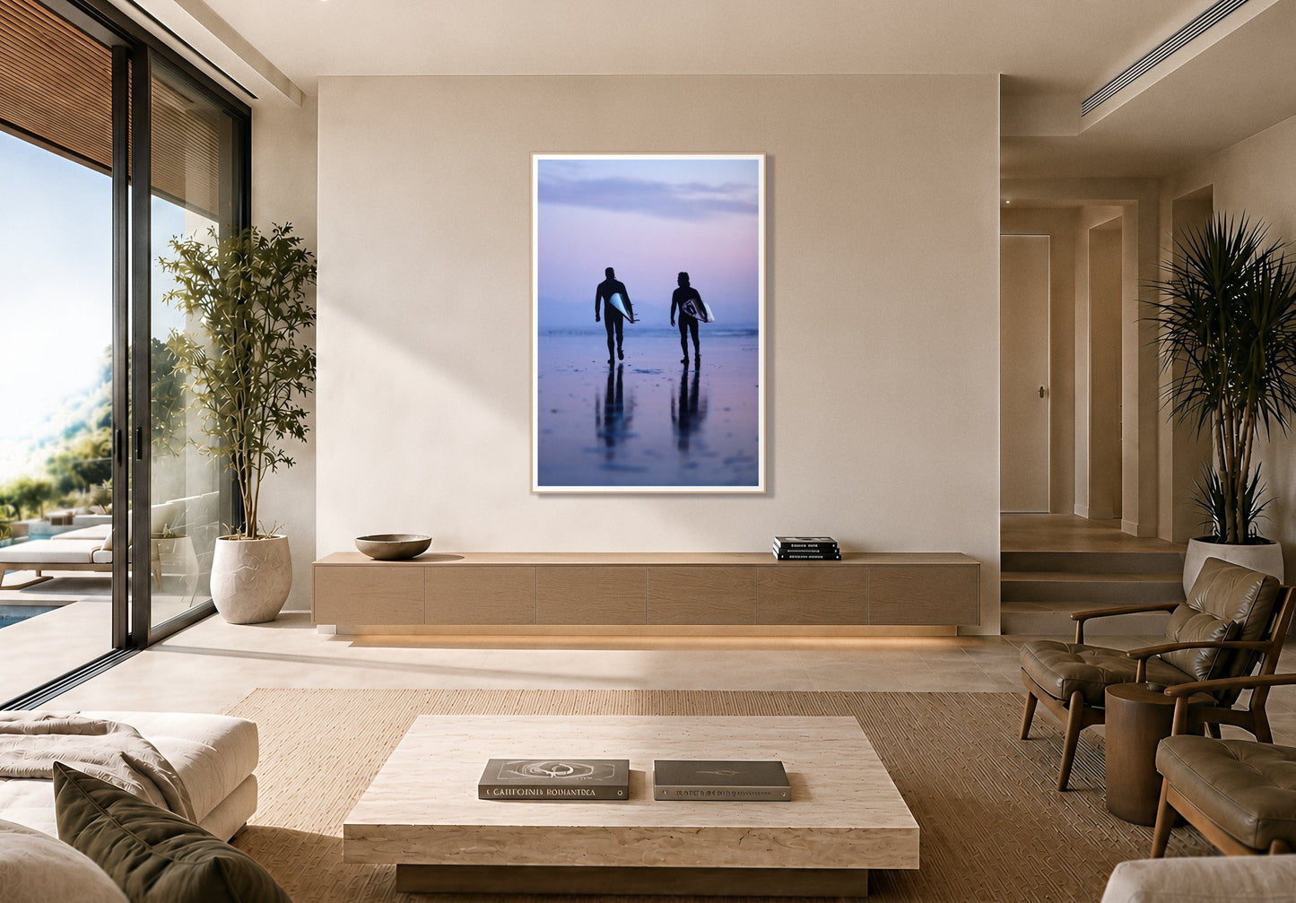 Ocean Beach Surf by Dylan Ozanich in an Oak frame, above a floating oak credenza in a minimalist room opening onto a pool terrace