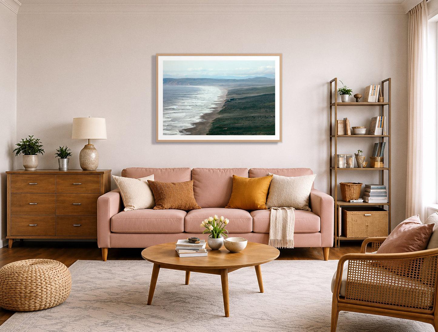 Point Reyes Ranch by Dylan Ozanich in an Oak frame, above a blush pink sofa in a warm, eclectic living room