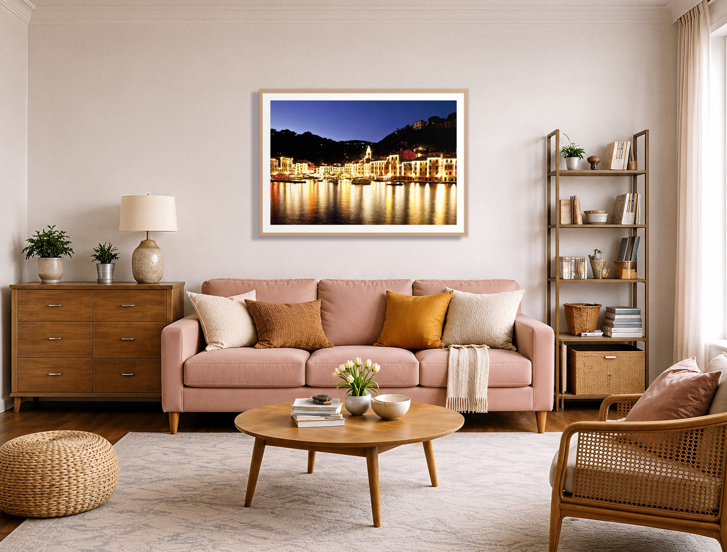 Portofino Reflection by Dylan Ozanich in an Oak frame, above a blush pink sofa in a warm, eclectic living room