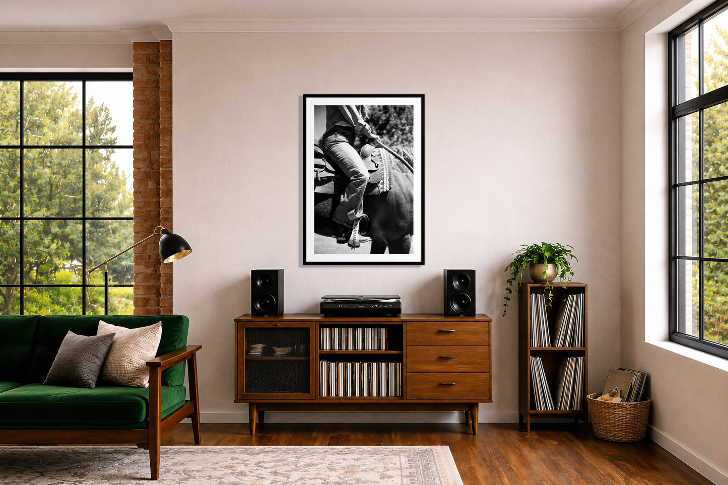 Ready To Ride by Dylan Ozanich in a Black frame, above a record credenza in a listening room with a green velvet sofa