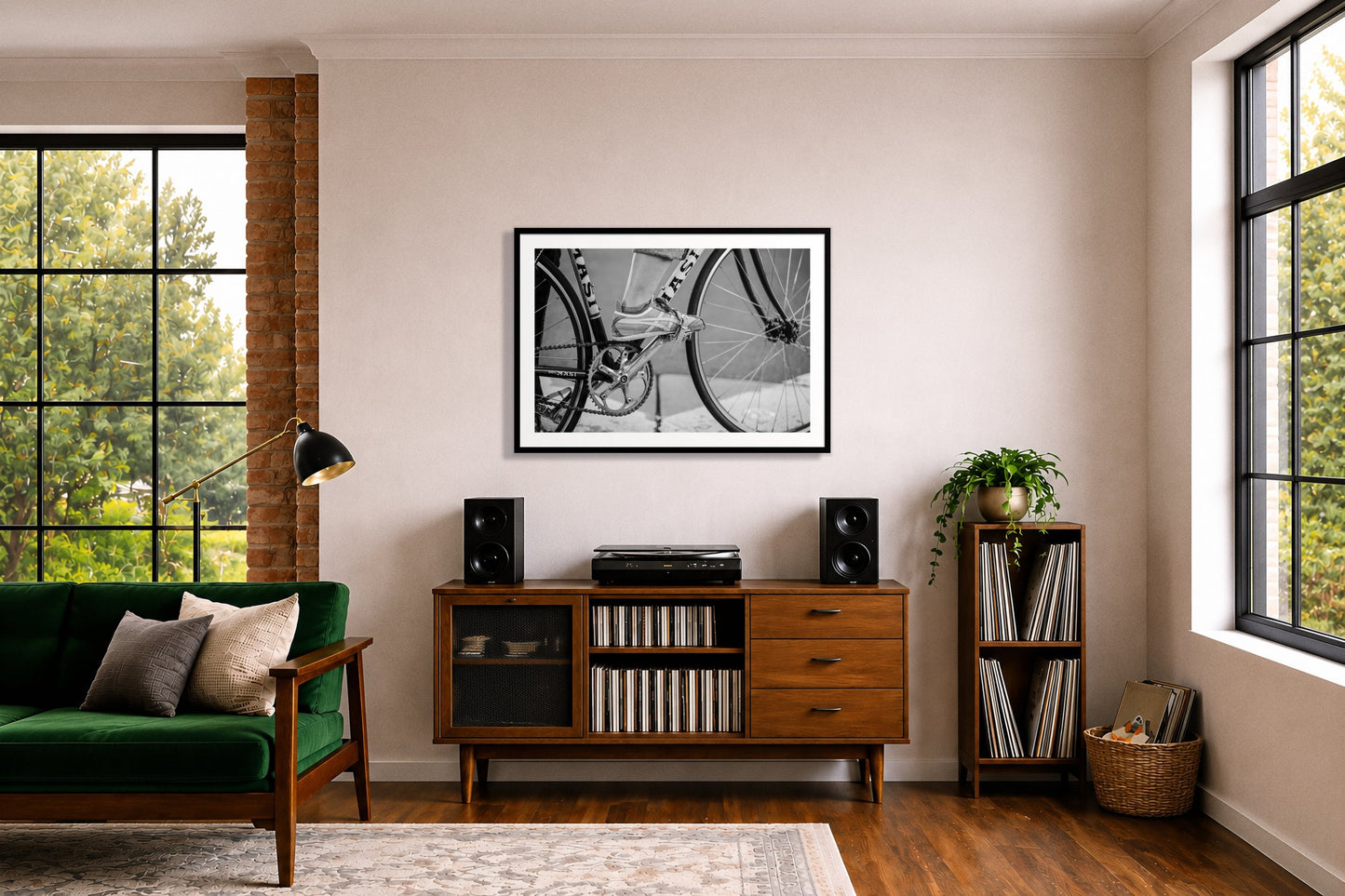 Ride by Dylan Ozanich in a Black frame, above a record credenza in a listening room with a green velvet sofa
