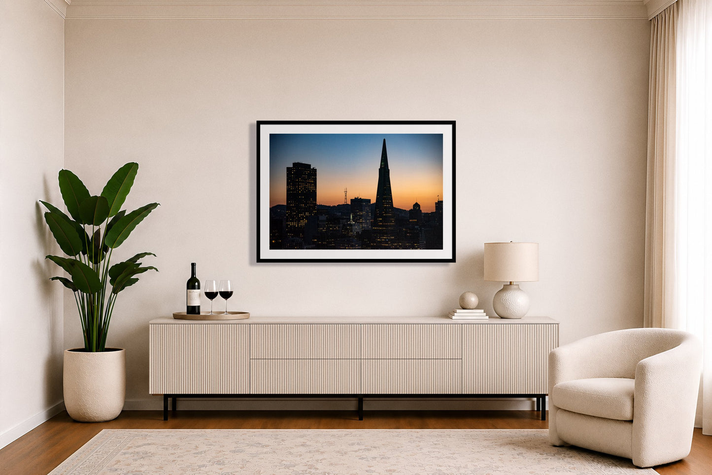 Framed photograph of San Francisco Skyline by Dylan Ozanich displayed on a wall
