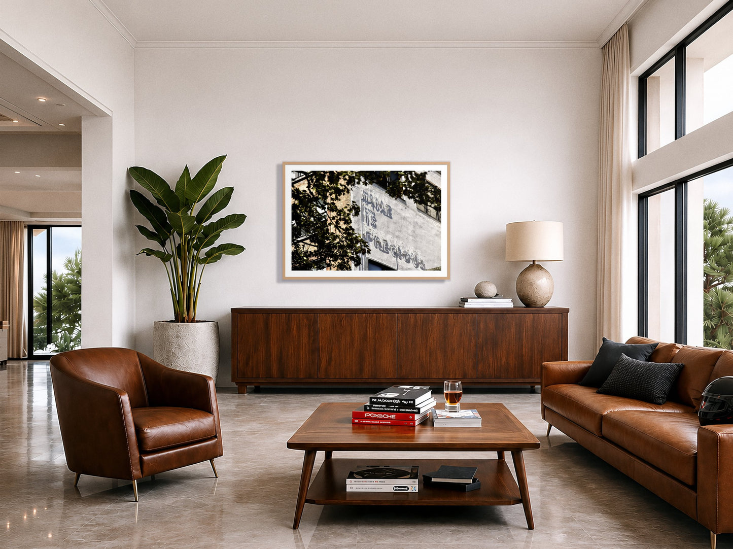 Time Is Precious by Dylan Ozanich in an Oak frame, above a walnut credenza in a modern living room with polished stone floors