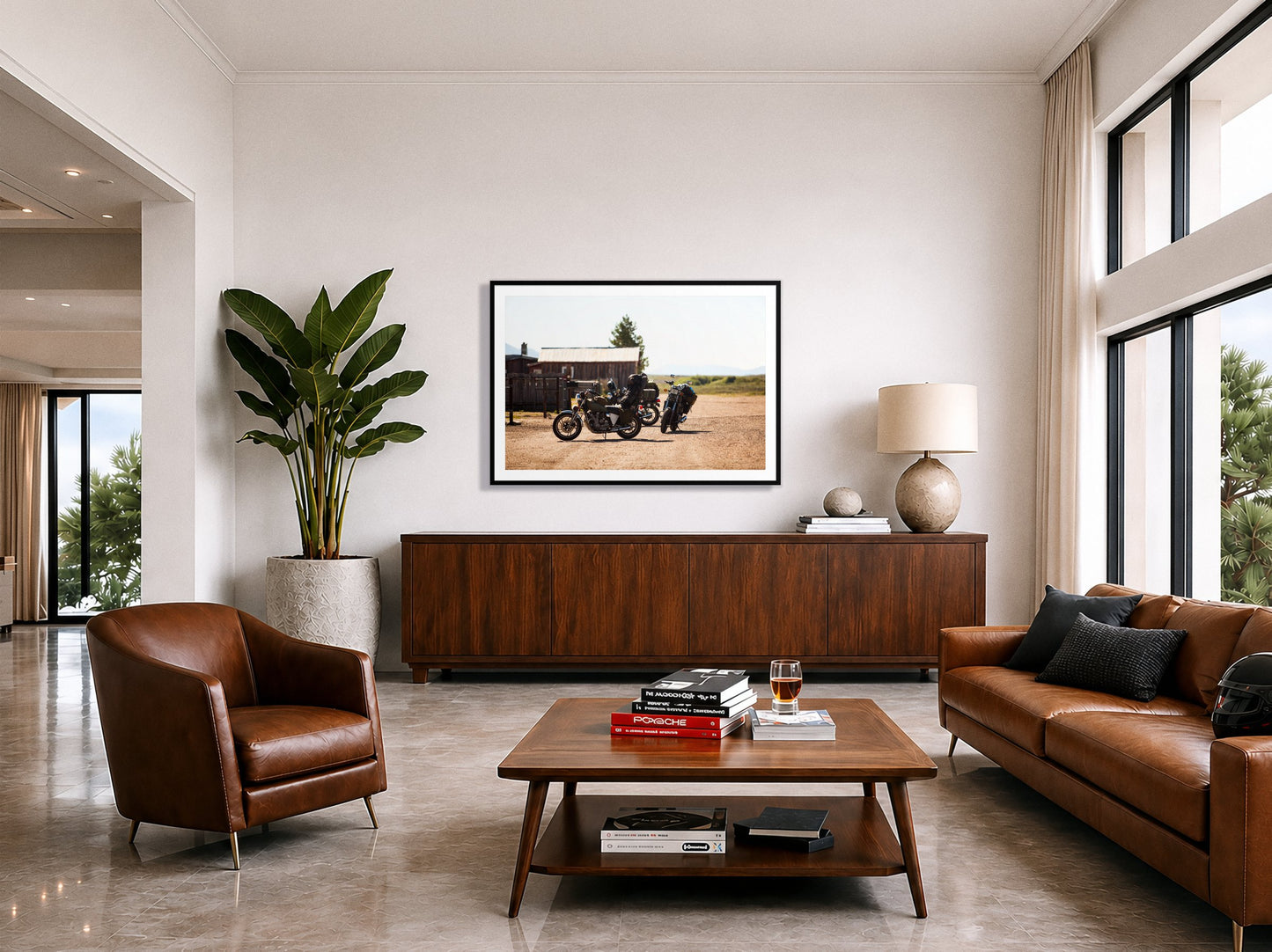 Two Gallons by Dylan Ozanich in a Black frame, above a walnut credenza in a modern living room with polished stone floors