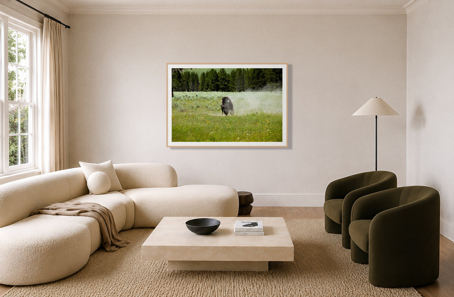 Framed photograph of Yellowstone by Dylan Ozanich displayed on a wall