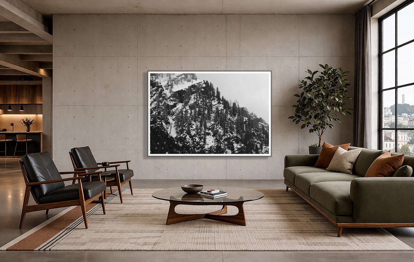 Ascend by Dylan Ozanich in a Grey frame, on a poured-concrete wall in an industrial loft with a city view