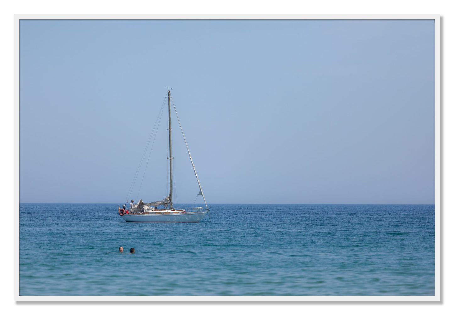 Framed photograph of Barcelona Sea by Dylan Ozanich, White frame, Full Bleed