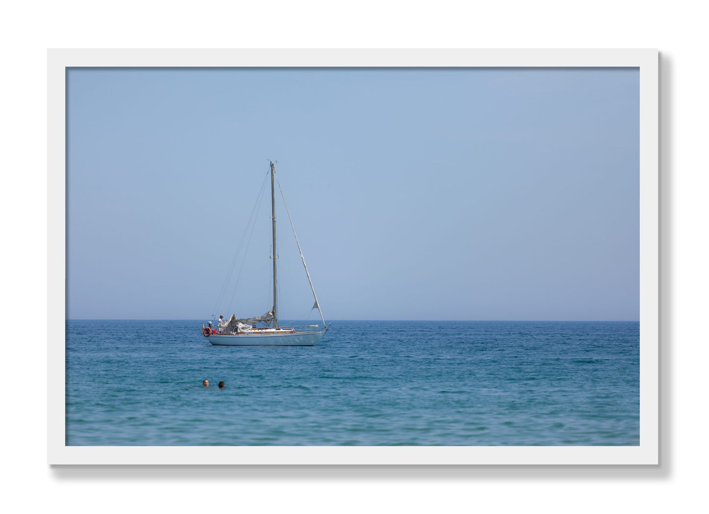 Framed photograph of Barcelona Sea by Dylan Ozanich, White frame, Full Bleed