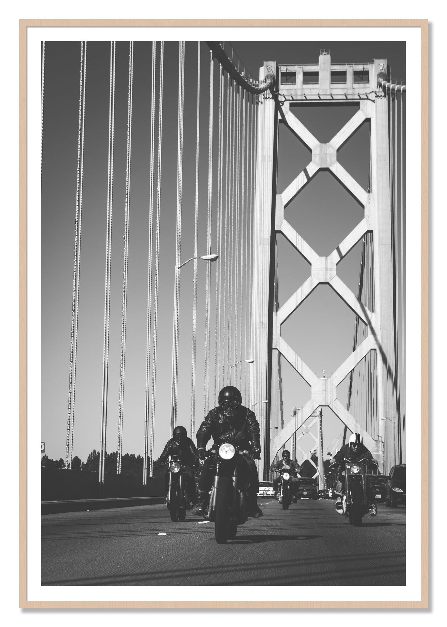 Bay Bridge Boys by Dylan Ozanich, 48×72 print with a White Border in a Maple frame