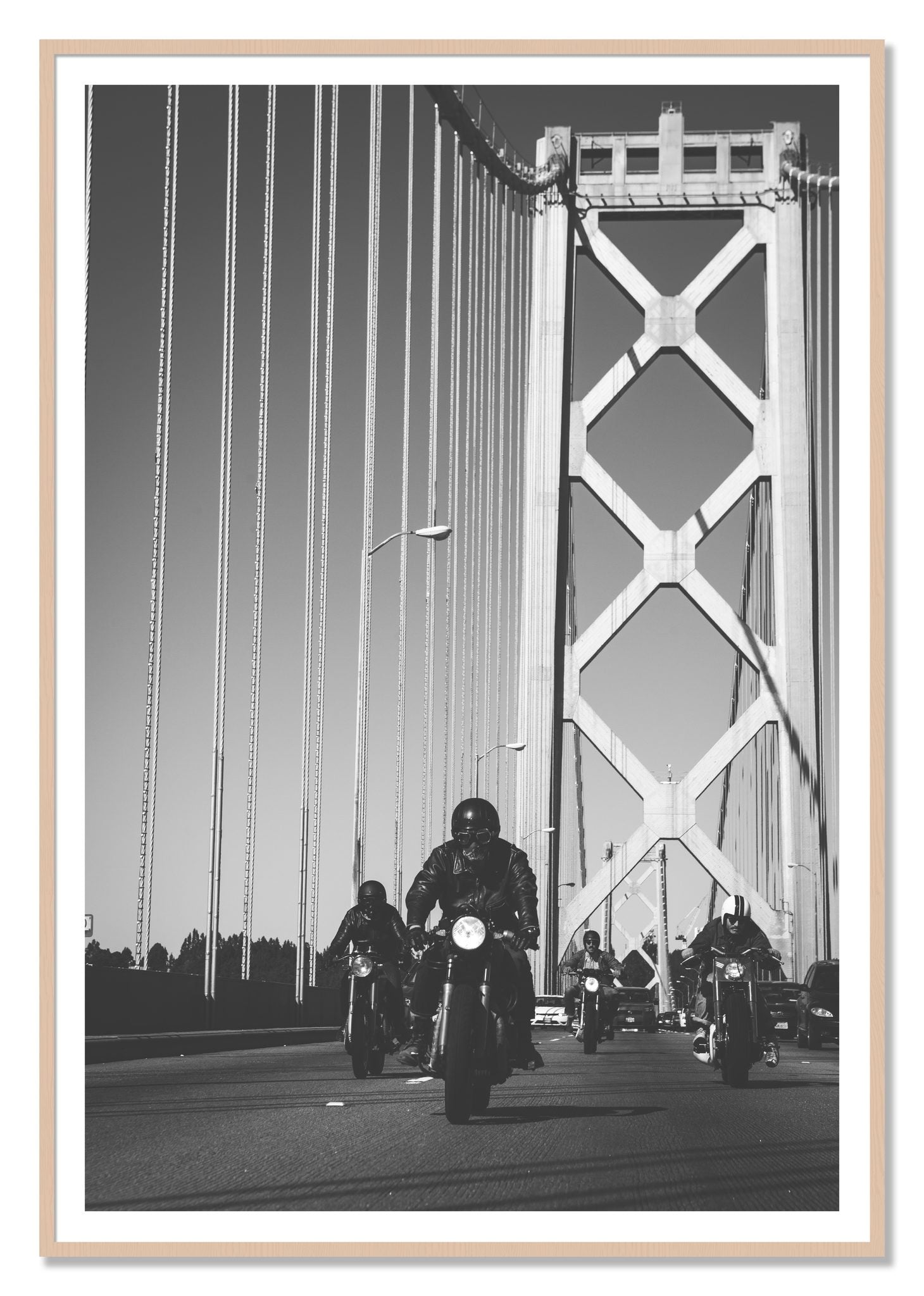 Bay Bridge Boys by Dylan Ozanich, 48×72 print with a White Border in a Maple frame