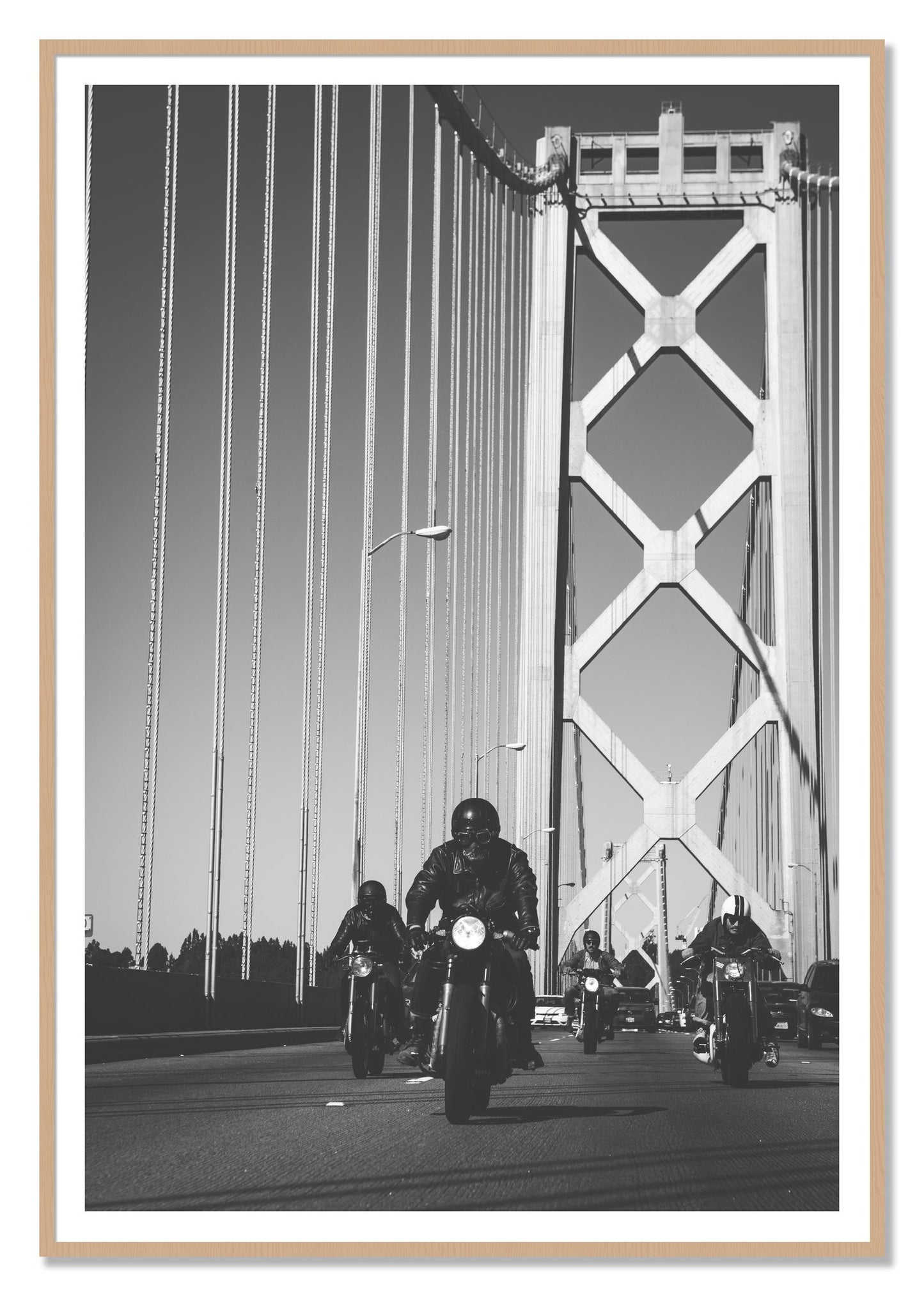 Bay Bridge Boys by Dylan Ozanich, 48×72 print with a White Border in an Oak frame
