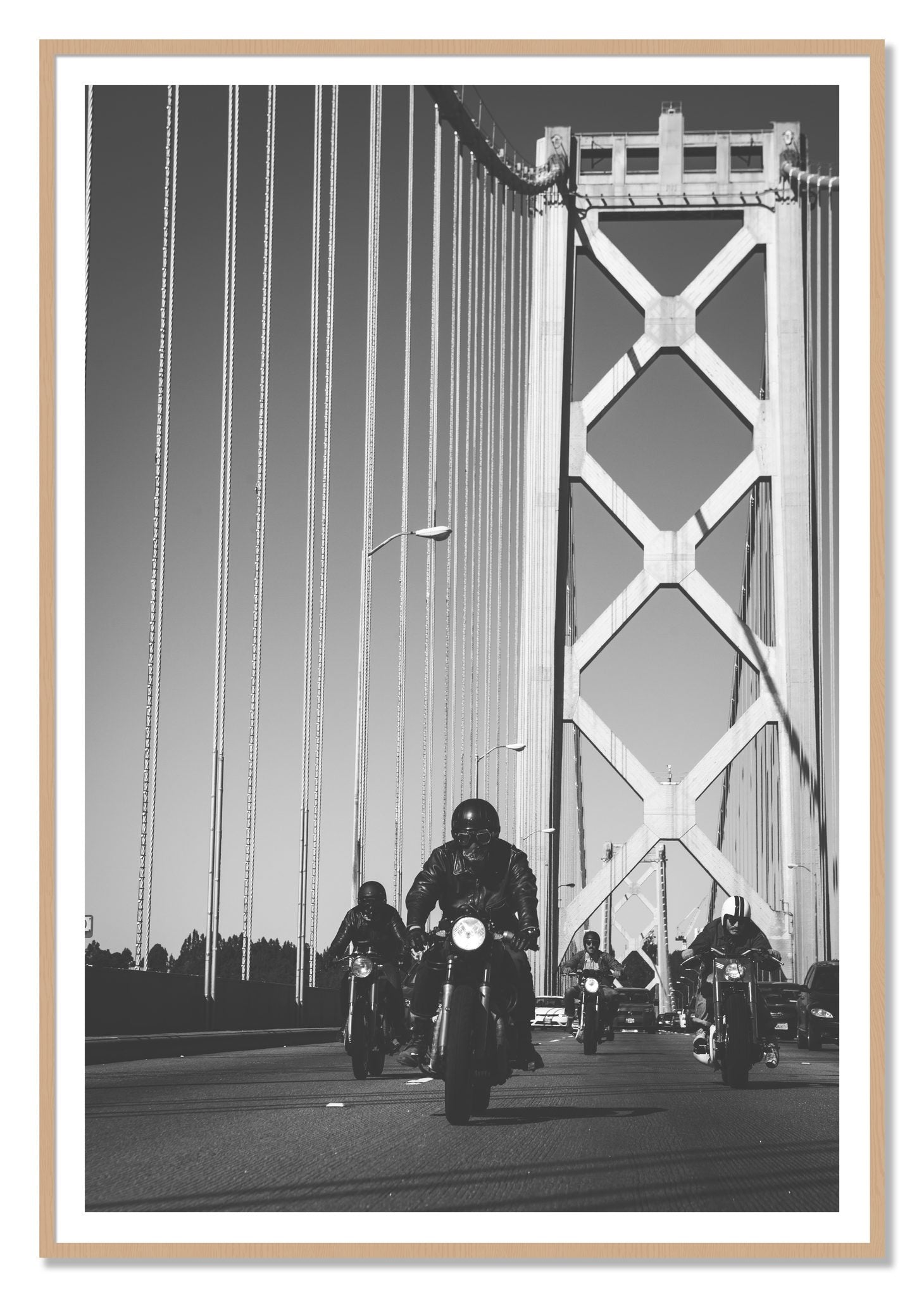 Bay Bridge Boys by Dylan Ozanich, 48×72 print with a White Border in an Oak frame