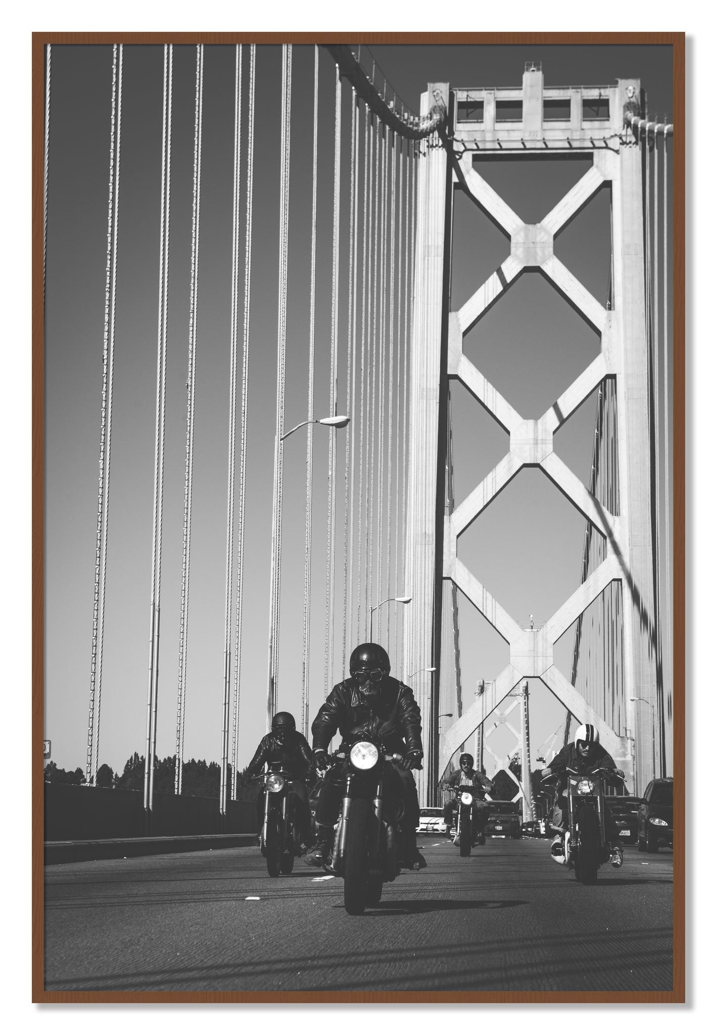 Framed photograph of Bay Bridge Boys by Dylan Ozanich, Walnut frame, Full Bleed