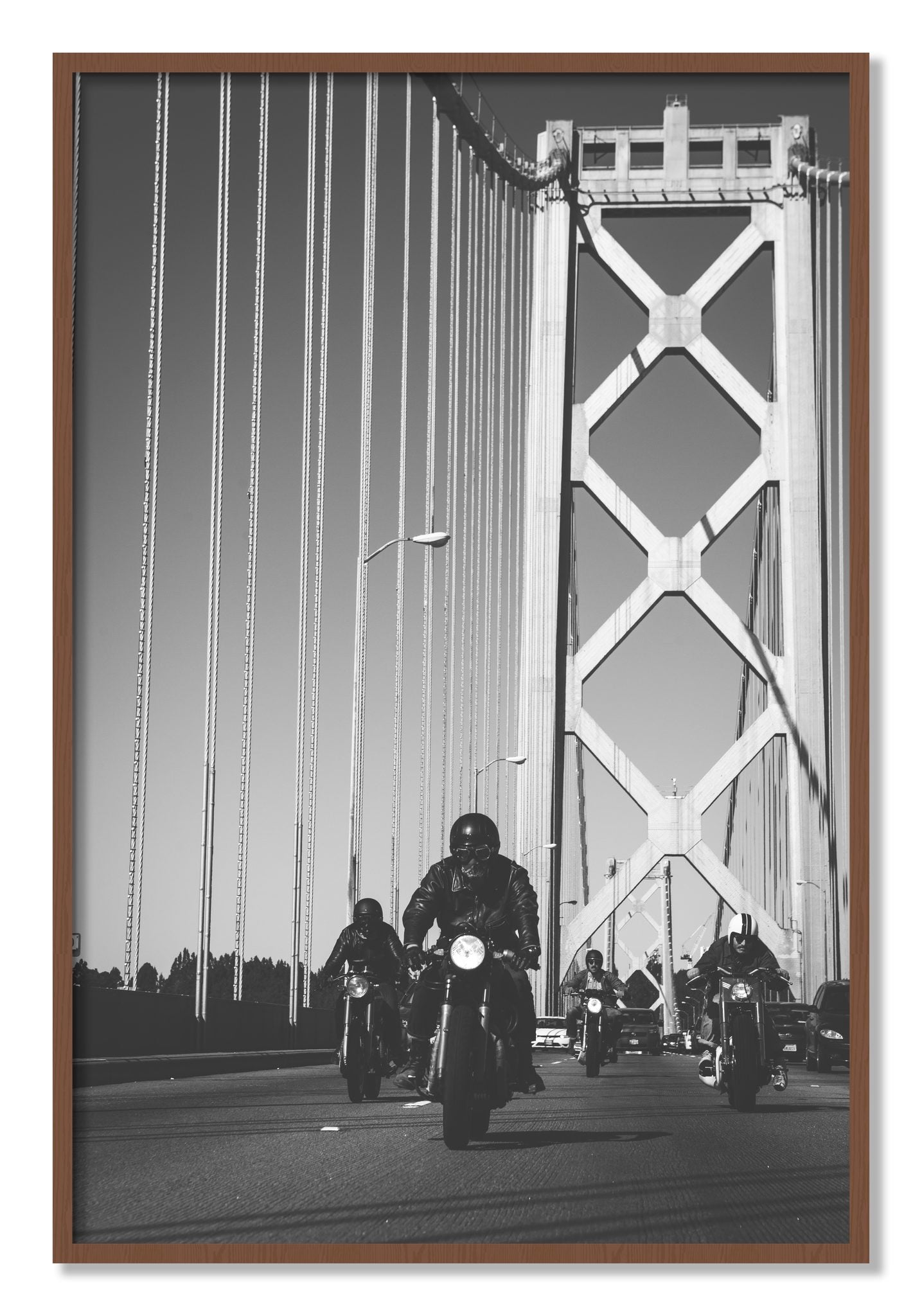Framed photograph of Bay Bridge Boys by Dylan Ozanich, Walnut frame, Full Bleed