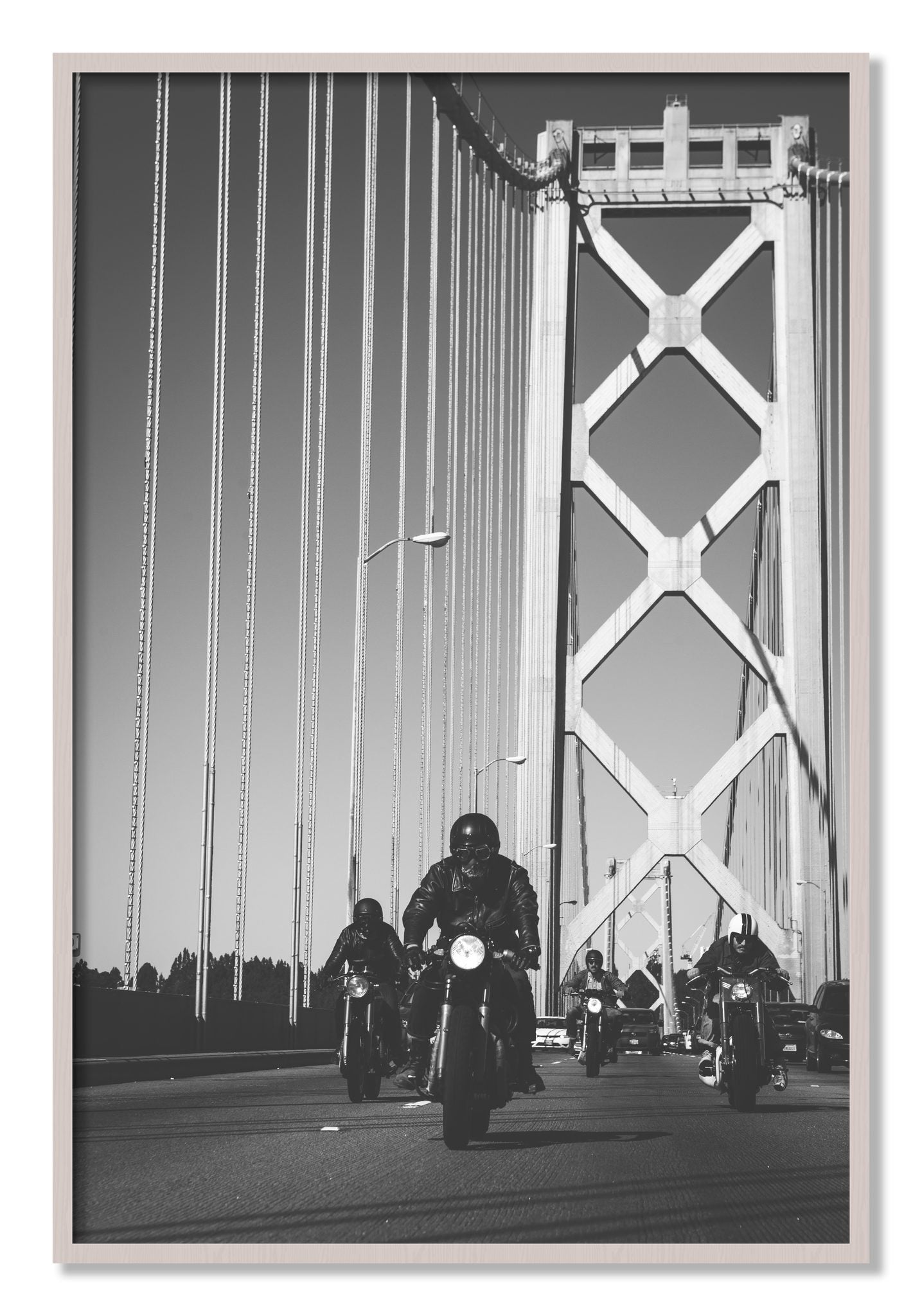 Framed photograph of Bay Bridge Boys by Dylan Ozanich, White Maple frame, Full Bleed