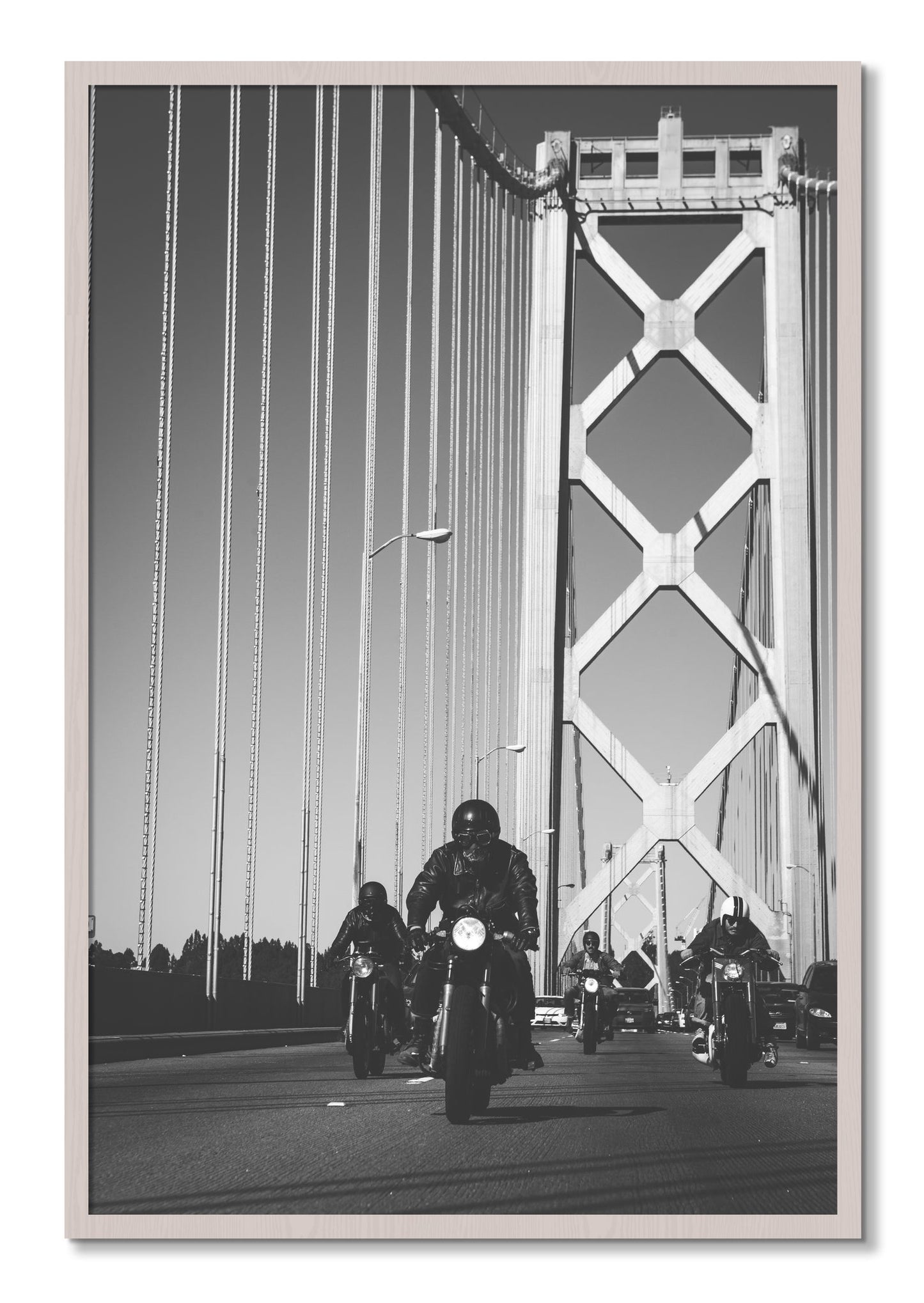 Framed photograph of Bay Bridge Boys by Dylan Ozanich, White Maple frame, Full Bleed