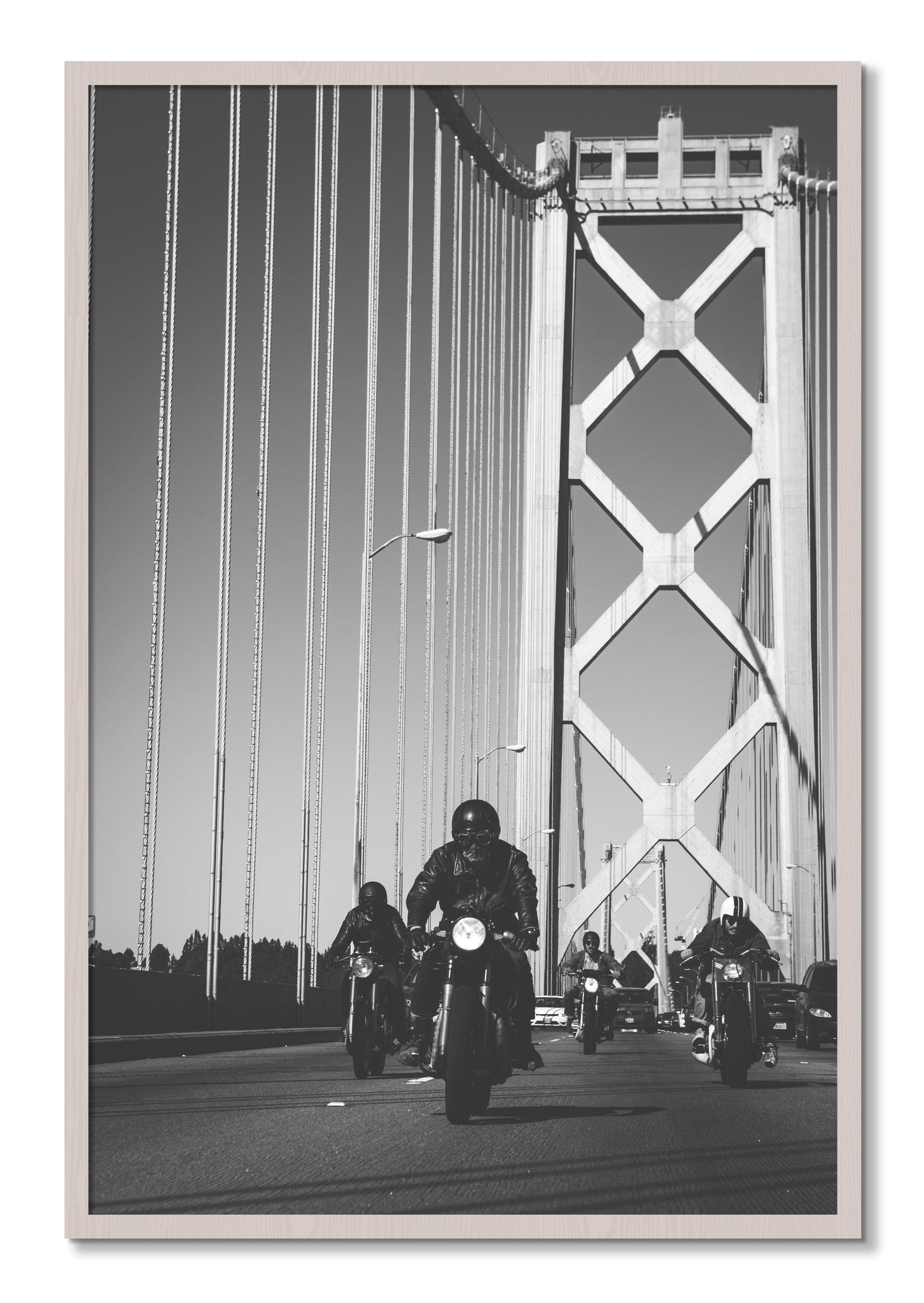 Framed photograph of Bay Bridge Boys by Dylan Ozanich, White Maple frame, Full Bleed