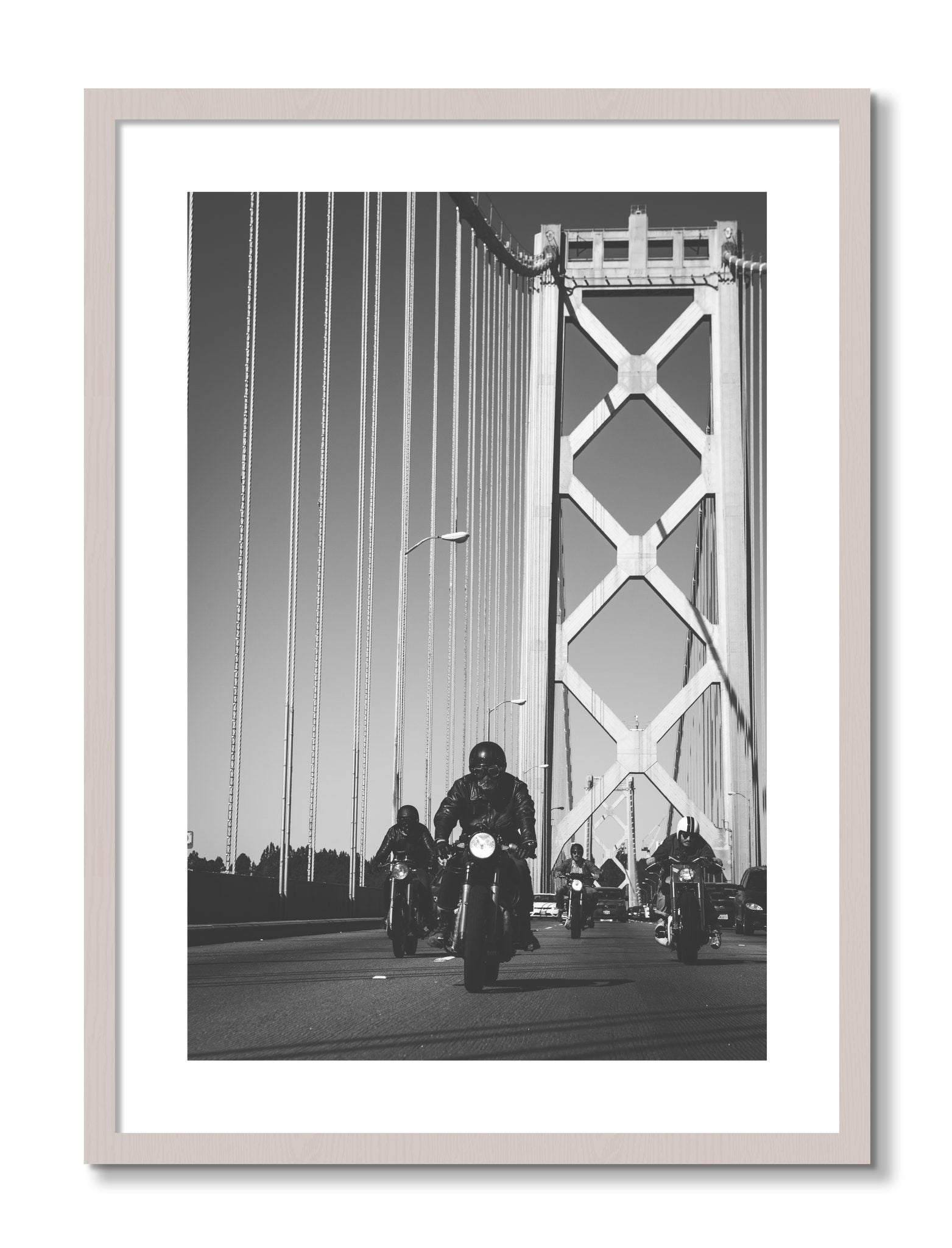 Framed photograph of Bay Bridge Boys by Dylan Ozanich, White Maple frame, Borders