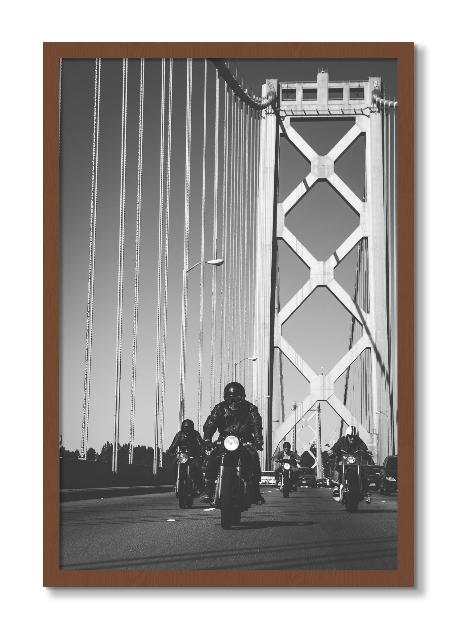 Framed photograph of Bay Bridge Boys by Dylan Ozanich, Walnut frame, Full Bleed