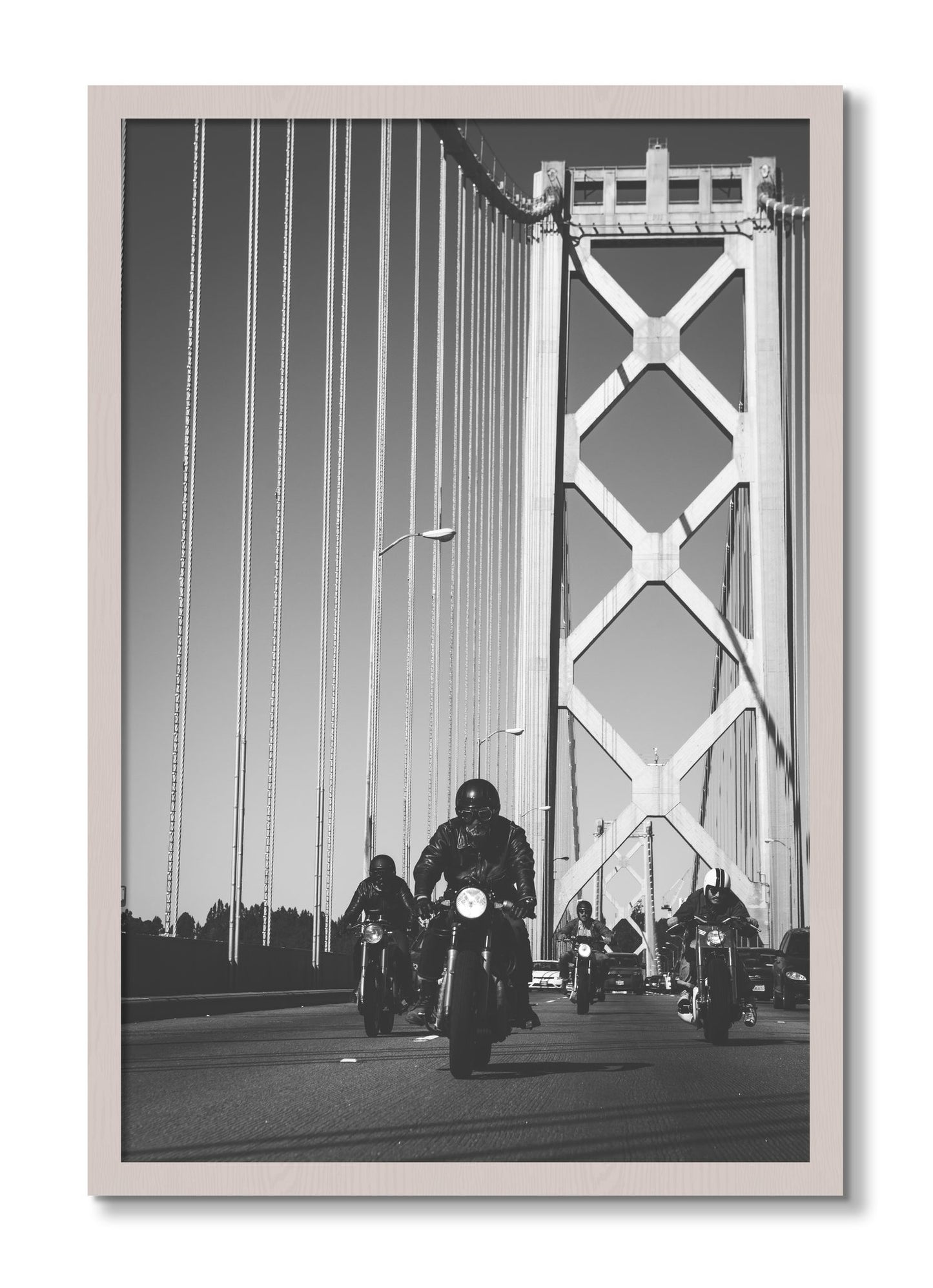 Framed photograph of Bay Bridge Boys by Dylan Ozanich, White Maple frame, Full Bleed