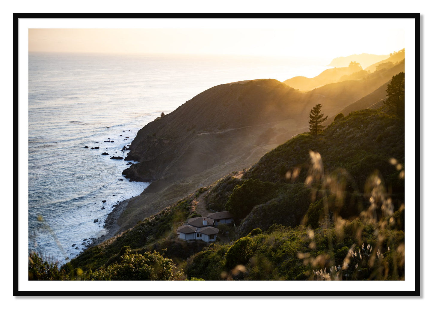 Big Sur Sunset by Dylan Ozanich, 48×72 print with a White Border in a Black frame