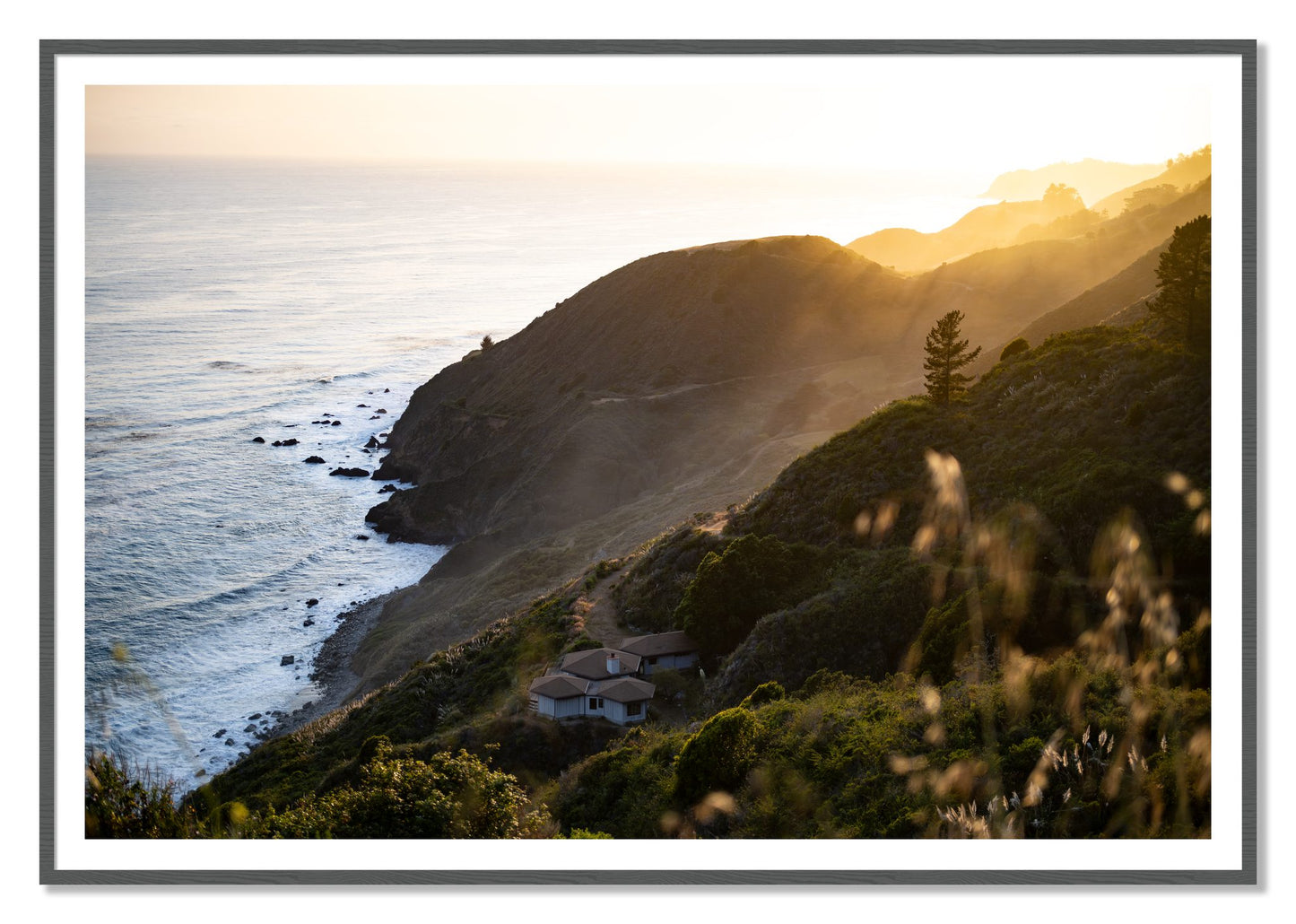 Big Sur Sunset by Dylan Ozanich, 48×72 print with a White Border in a Grey frame