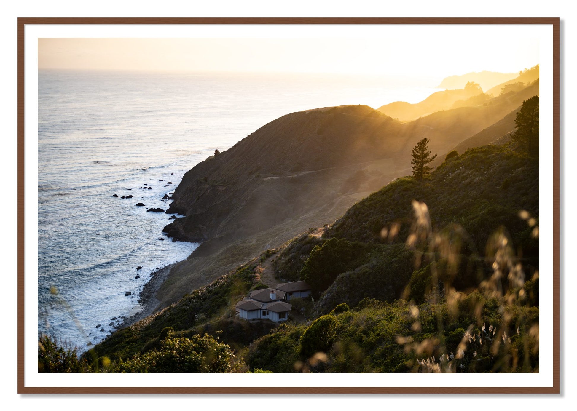 Big Sur Sunset by Dylan Ozanich, 48×72 print with a White Border in a Walnut frame