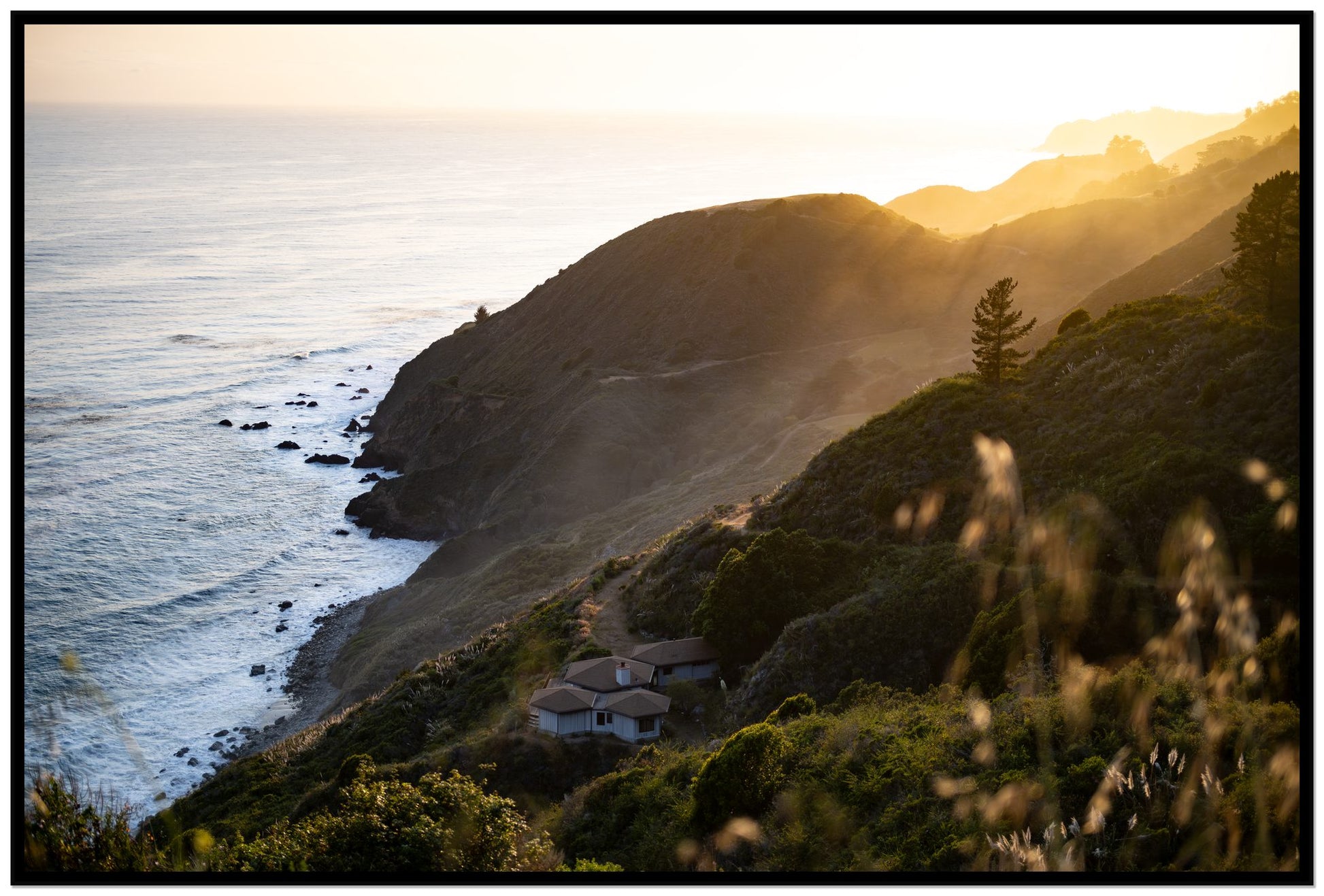 Big Sur Sunset by Dylan Ozanich, 48×72 Full Bleed Print in a Black frame