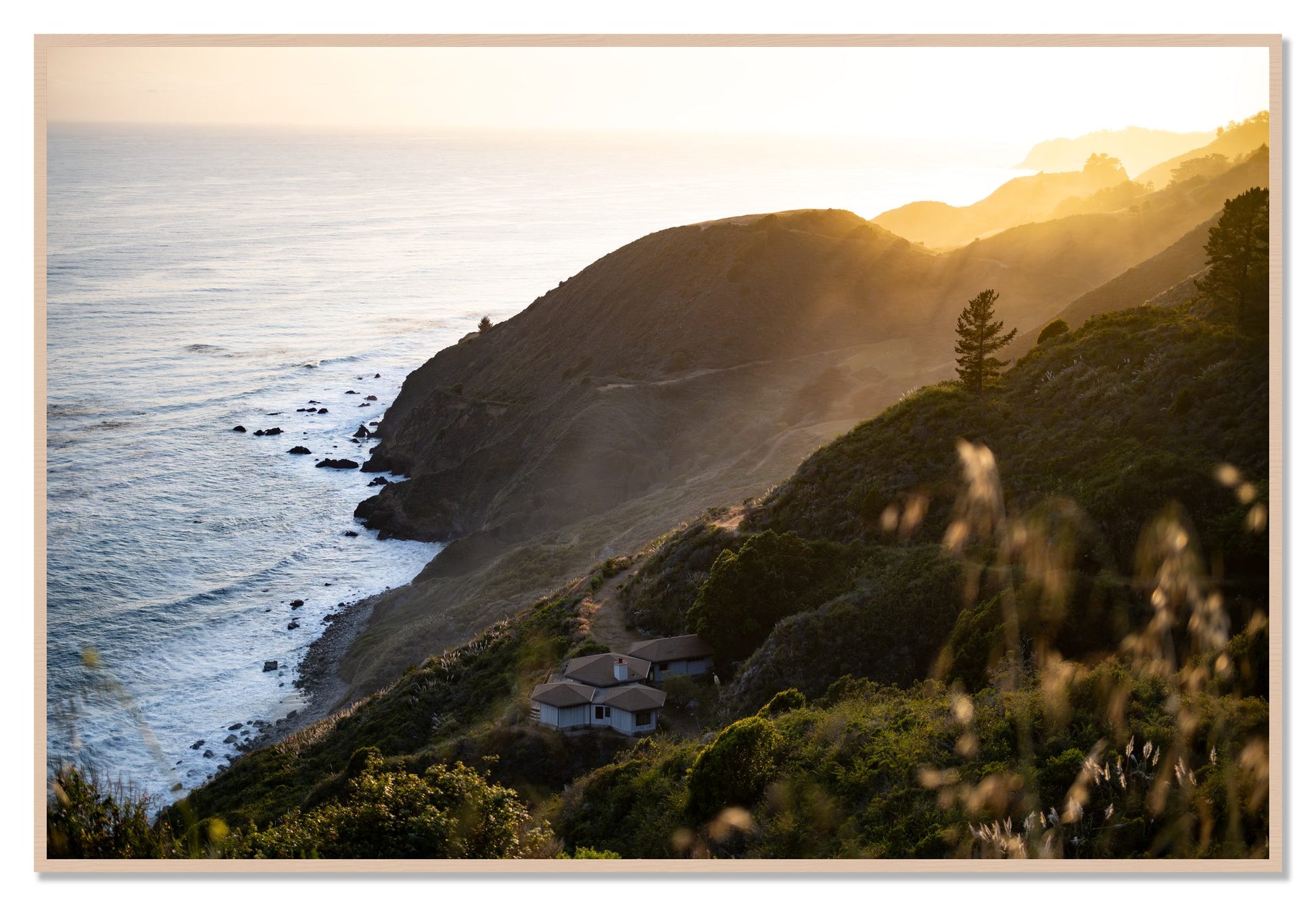 Big Sur Sunset by Dylan Ozanich, 48×72 Full Bleed Print in a Maple frame