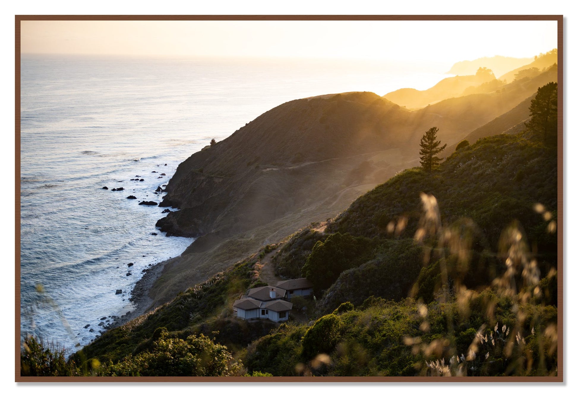 Big Sur Sunset by Dylan Ozanich, 48×72 Full Bleed Print in a Walnut frame