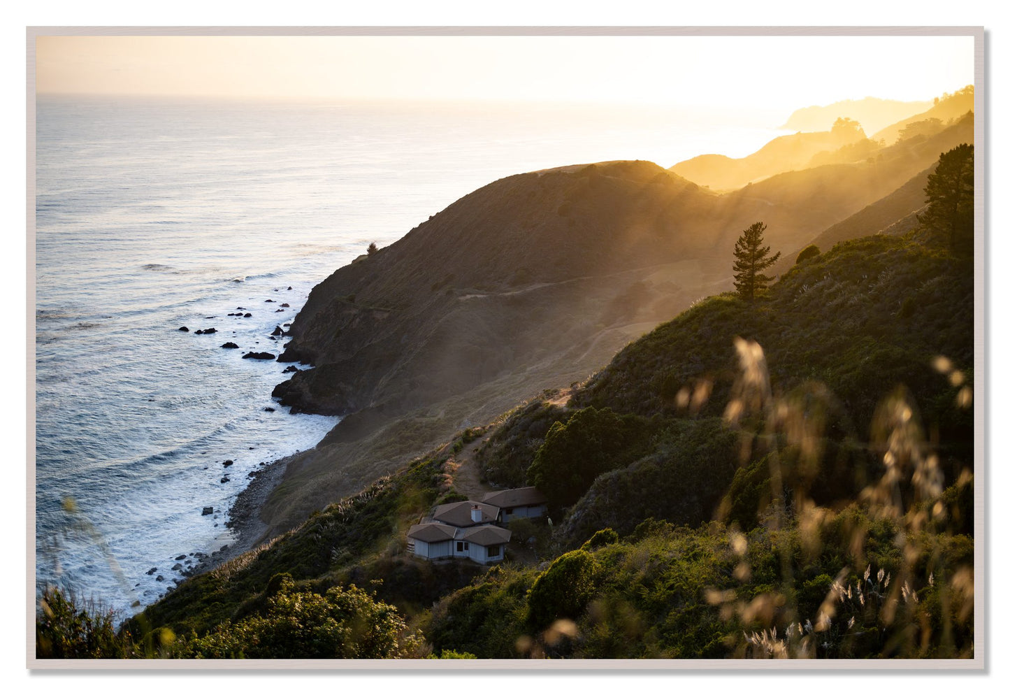 Big Sur Sunset by Dylan Ozanich, 48×72 Full Bleed Print in a White Maple frame