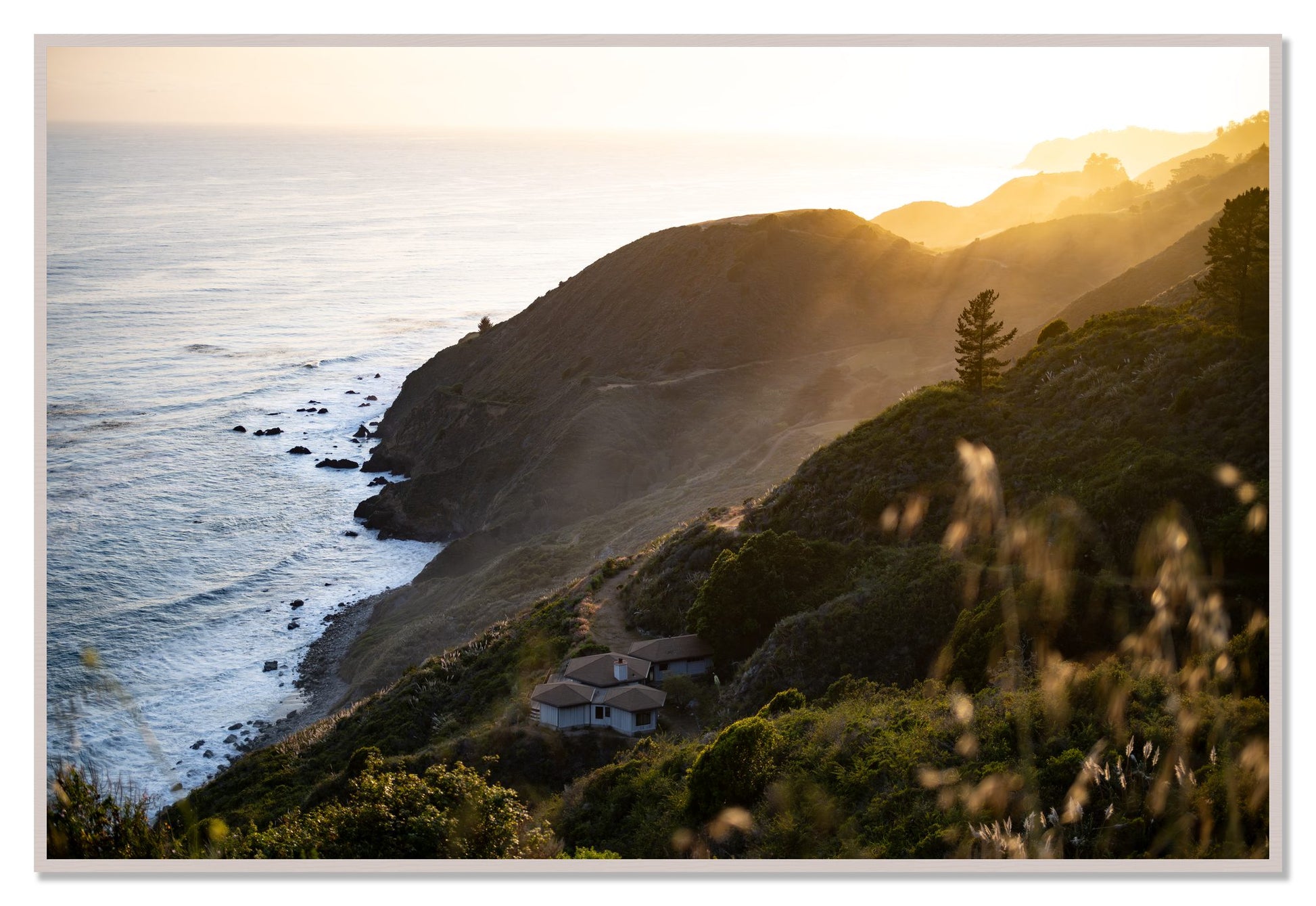 Big Sur Sunset by Dylan Ozanich, 48×72 Full Bleed Print in a White Maple frame