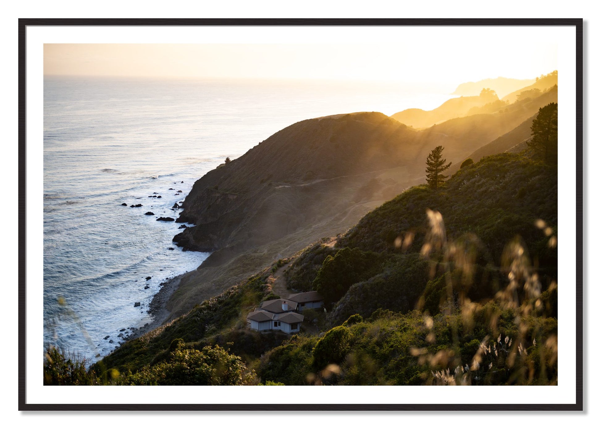 Framed photograph of Big Sur Sunset by Dylan Ozanich, Black Walnut frame, Borders