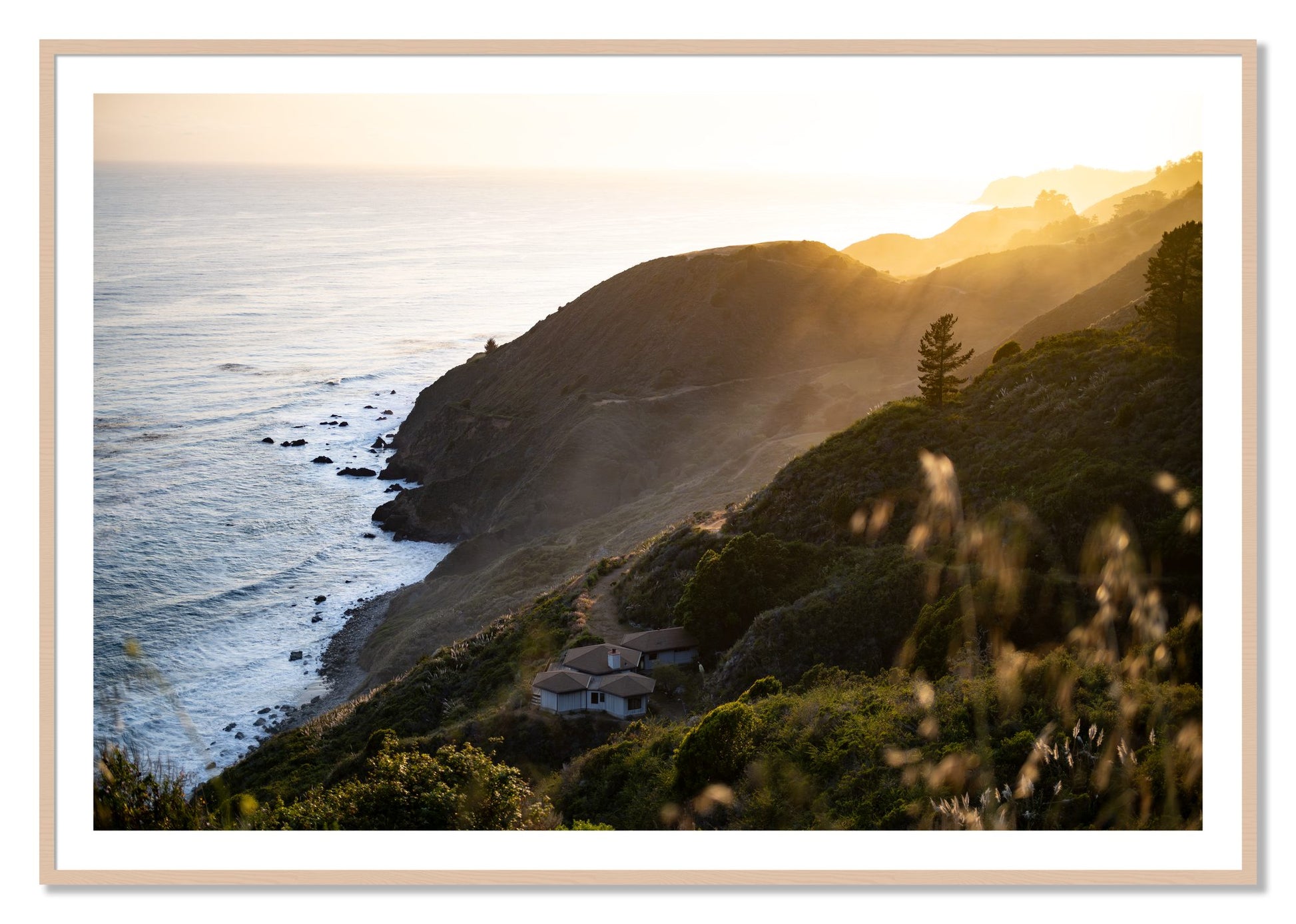 Framed photograph of Big Sur Sunset by Dylan Ozanich, Maple frame, Borders