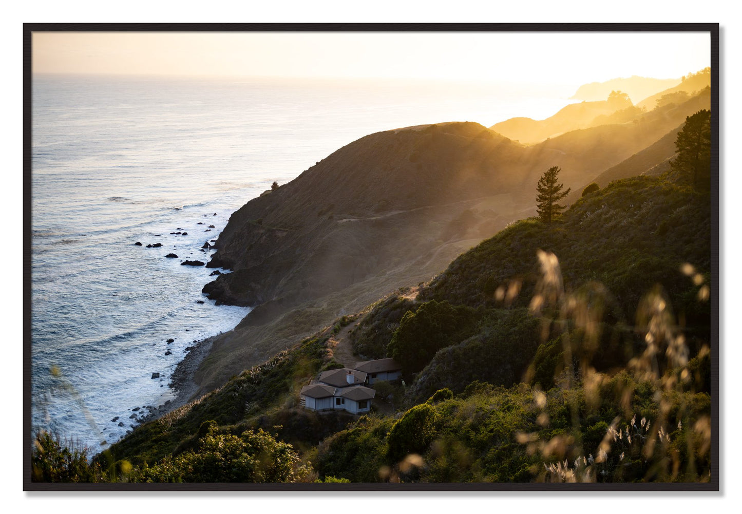 Framed photograph of Big Sur Sunset by Dylan Ozanich, Black Walnut frame, Full Bleed