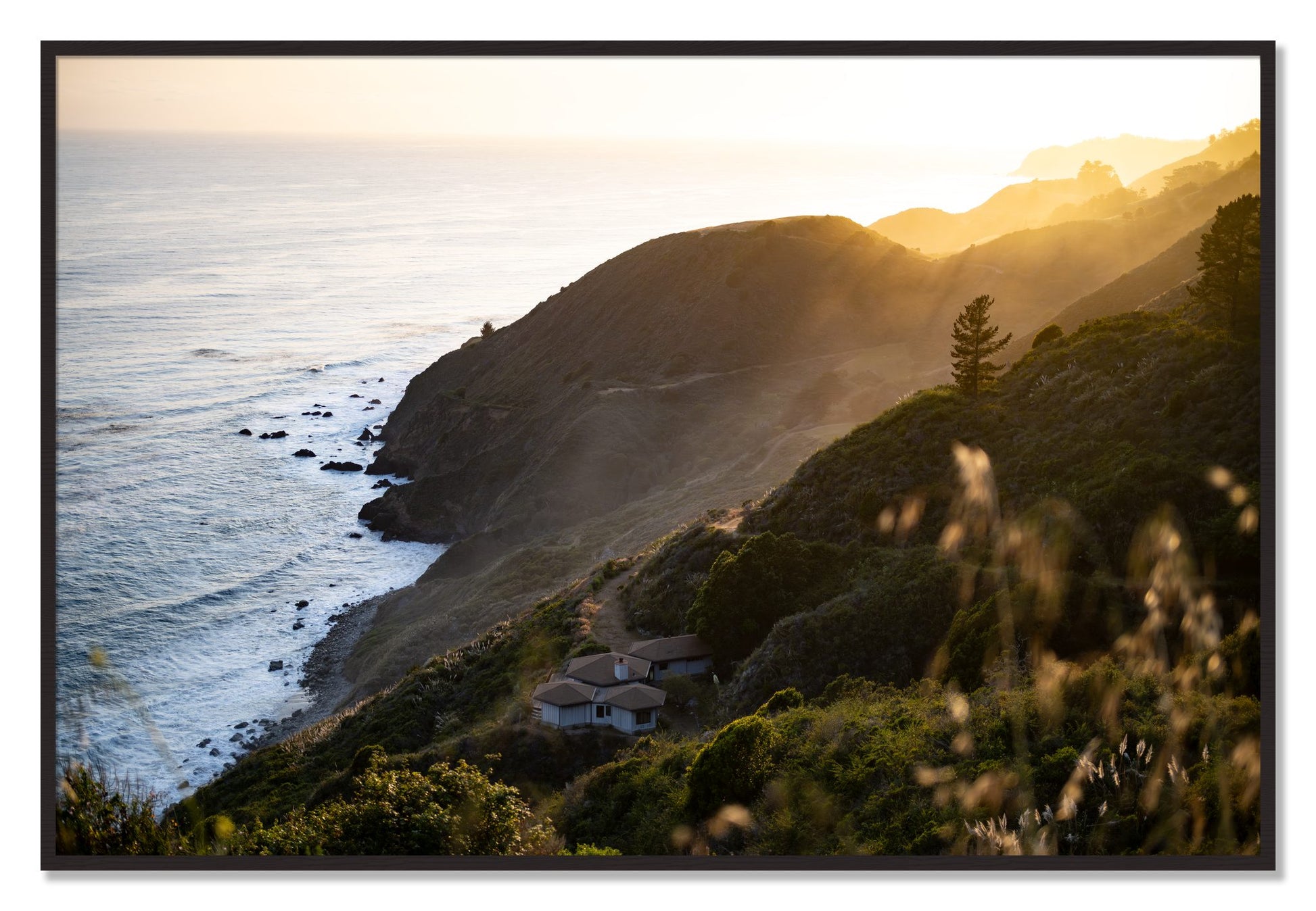 Framed photograph of Big Sur Sunset by Dylan Ozanich, Black Walnut frame, Full Bleed