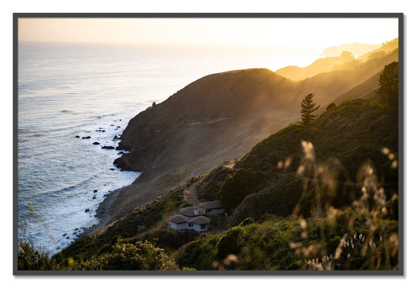 Framed photograph of Big Sur Sunset by Dylan Ozanich, Grey frame, Full Bleed