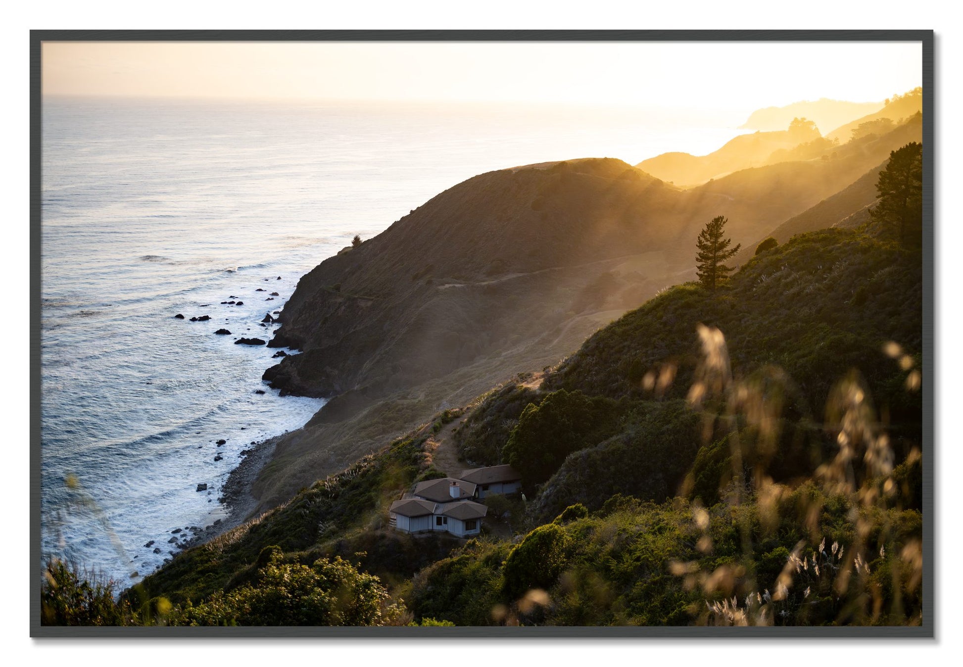 Framed photograph of Big Sur Sunset by Dylan Ozanich, Grey frame, Full Bleed