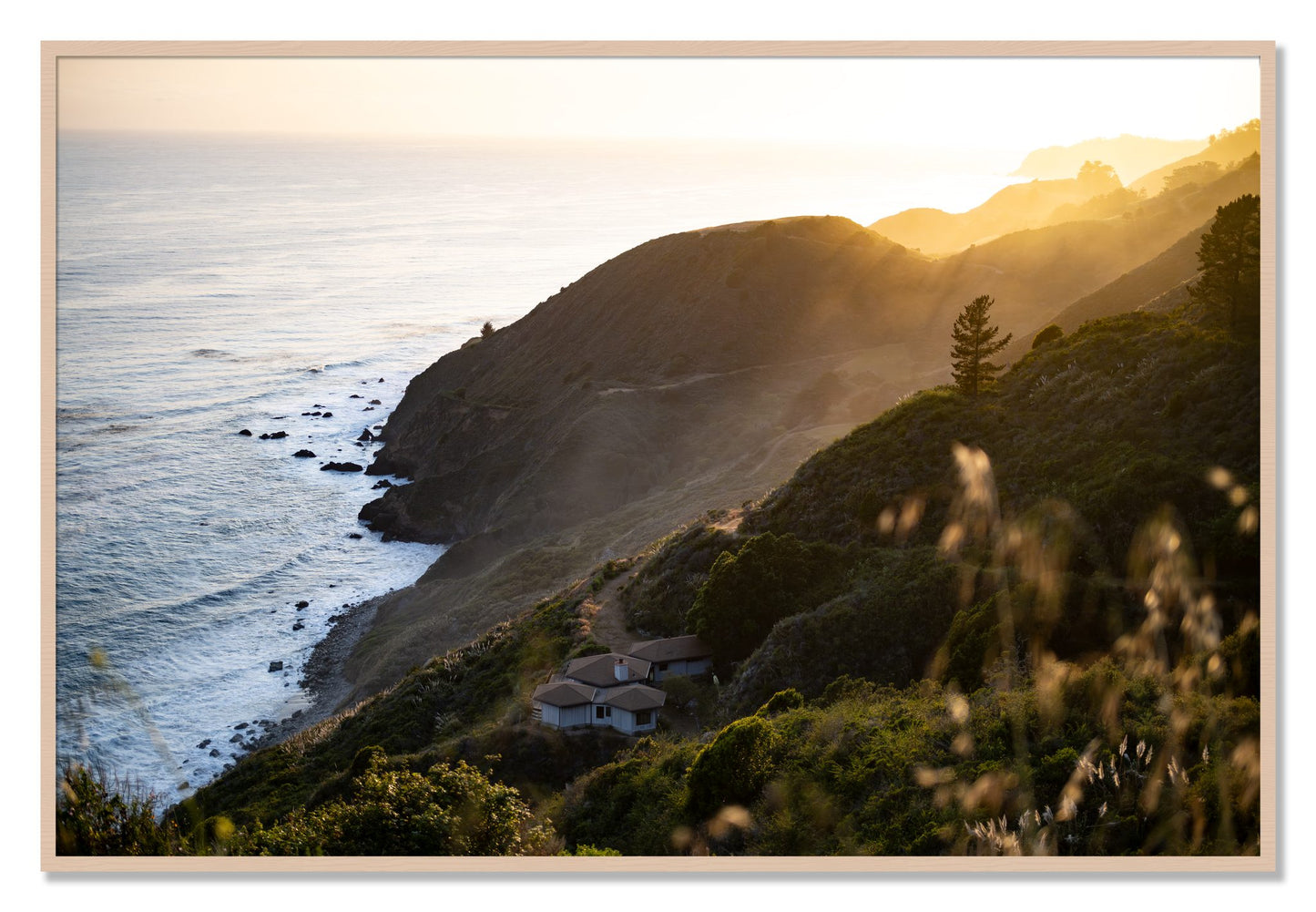 Framed photograph of Big Sur Sunset by Dylan Ozanich, Maple frame, Full Bleed