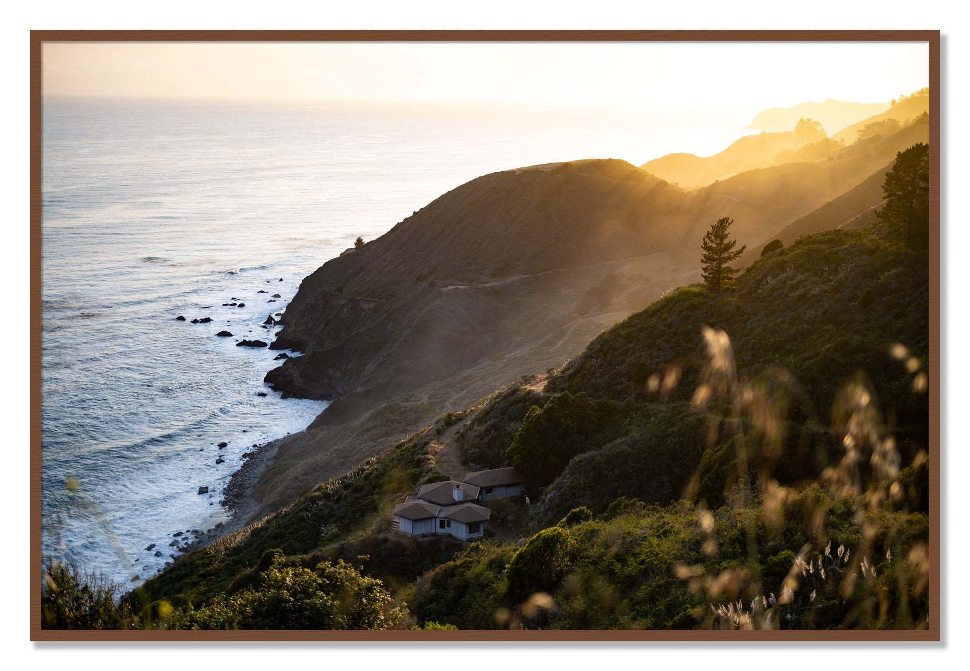 Framed photograph of Big Sur Sunset by Dylan Ozanich, Walnut frame, Full Bleed