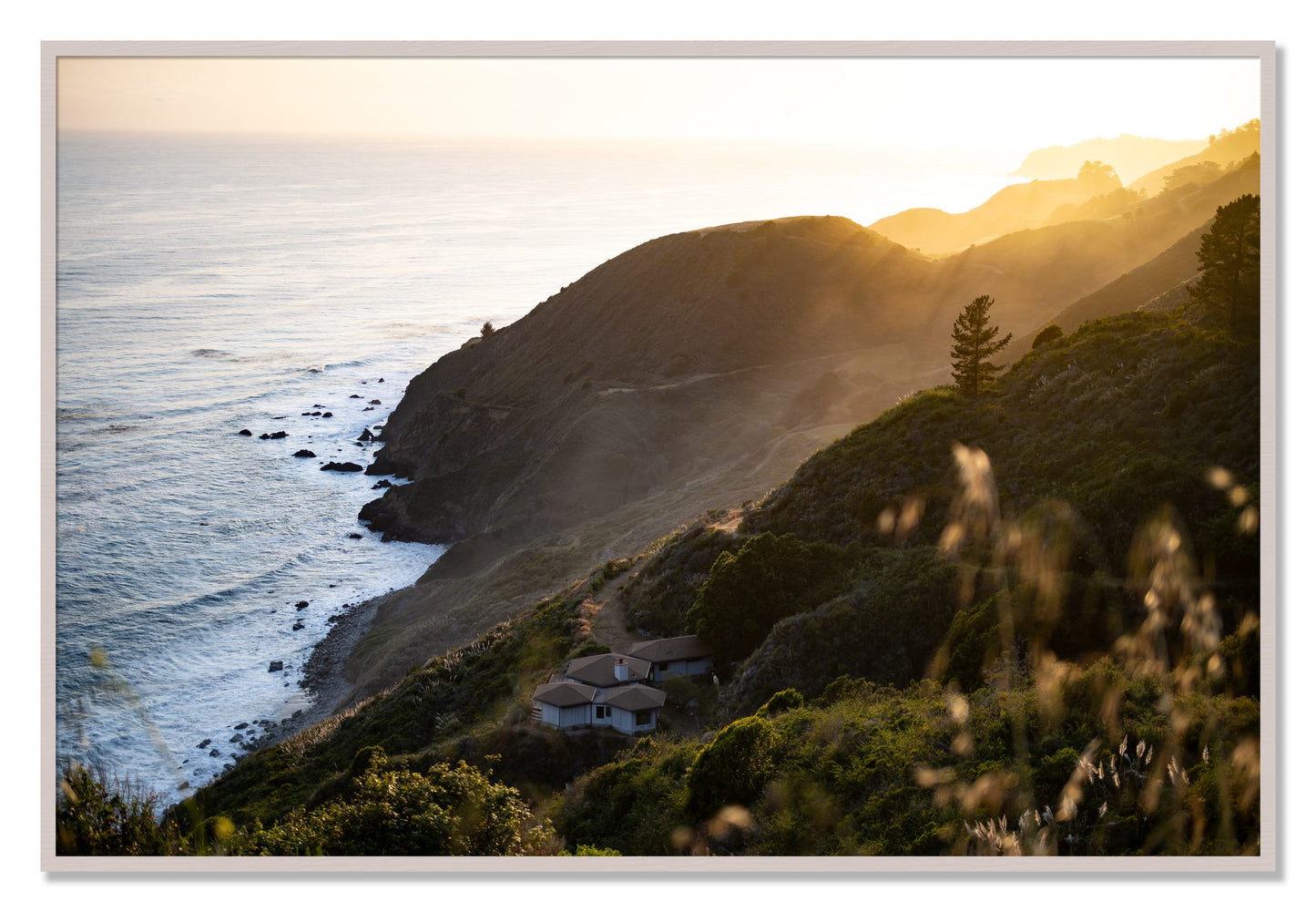 Framed photograph of Big Sur Sunset by Dylan Ozanich, White Maple frame, Full Bleed